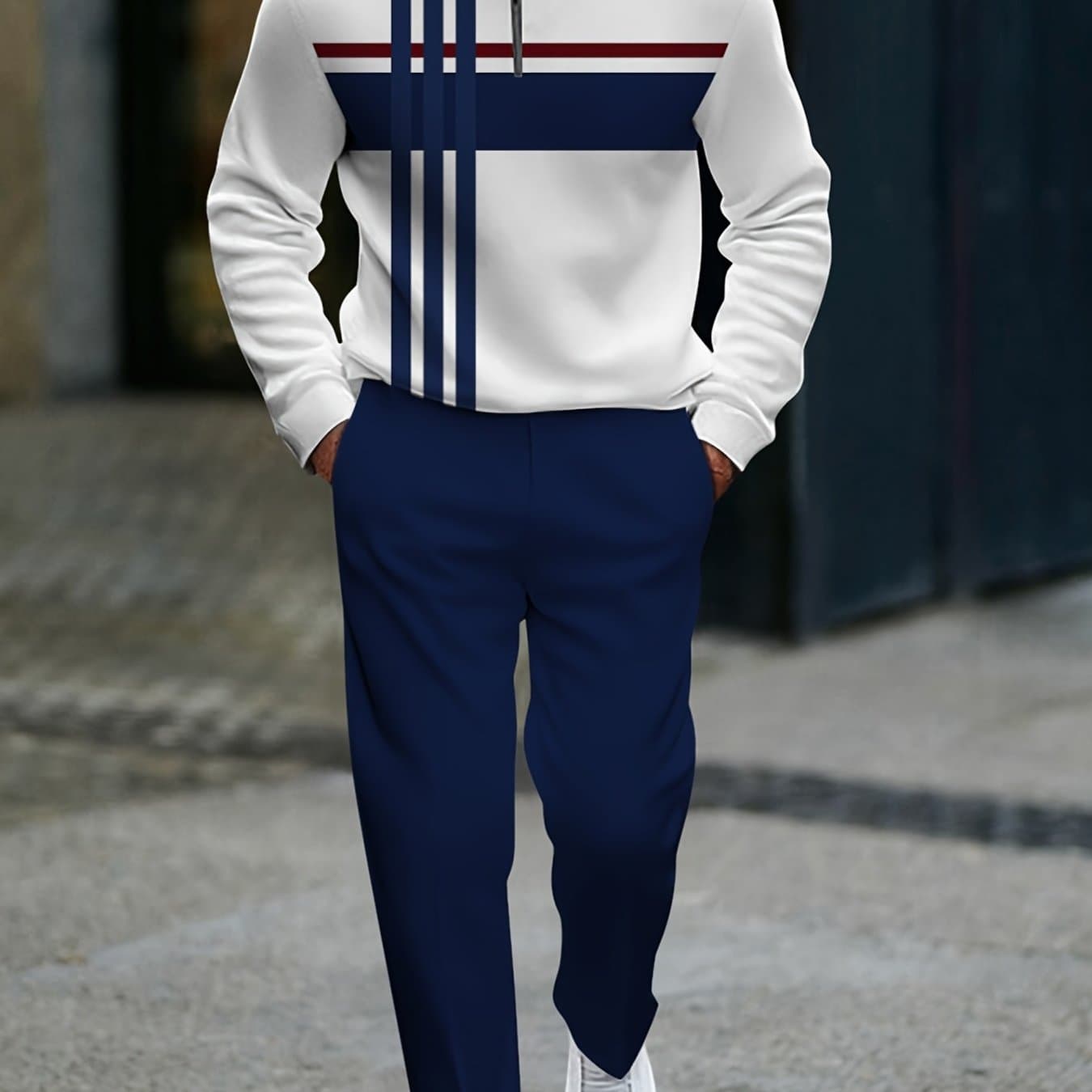TEMU Men's Half-zip Outfit For 2025 Featuring A Trendy White Top With Blue And Red Stripes, With Navy Blue Straight-leg Trousers