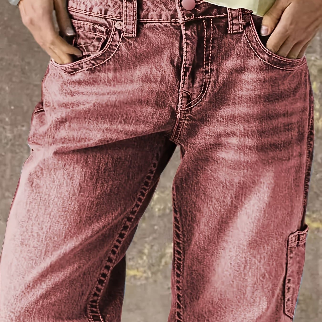 TEMU Fashionable Stretchy Casual Comfortable Straight Washed Red White Tube Women's Jeans | Medium Stretch Fabric, Solid Color, Washed Detail