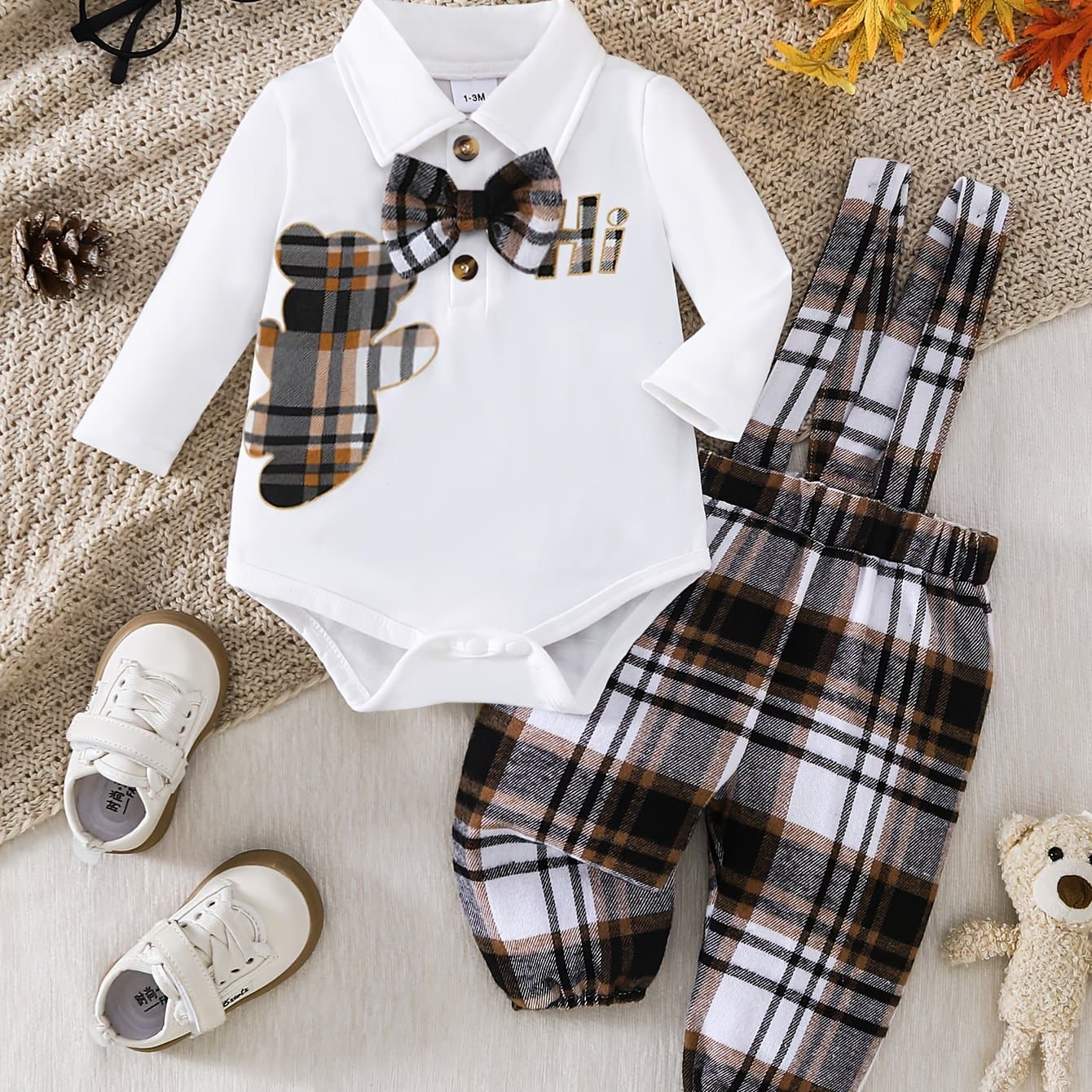 TEMU Baby Boy's Bear Print Open Collar Bow Tie Top + Adjustable Suspender Pants Set, Perfect For Outdoor