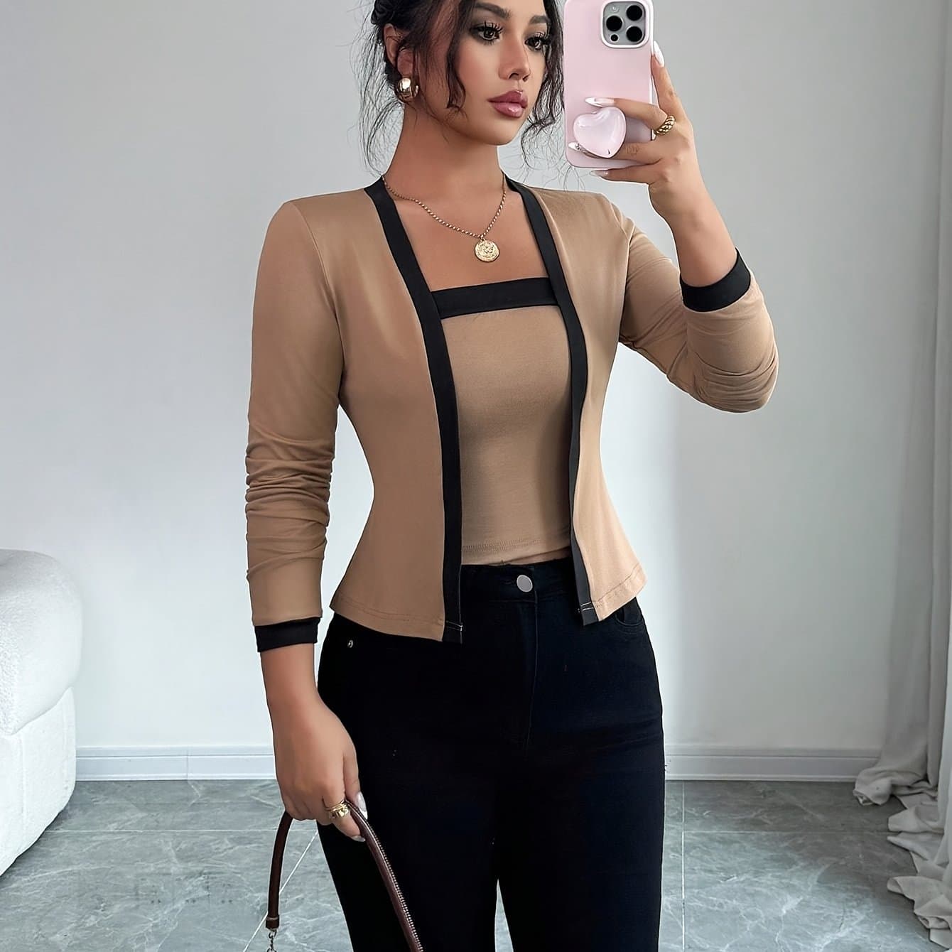 TEMU Women's Elegant Contrast Color Shirt, Long Sleeve Square Neck Top, Color-, Versatile, Exquisite Stitching, Fashionable Office Wear