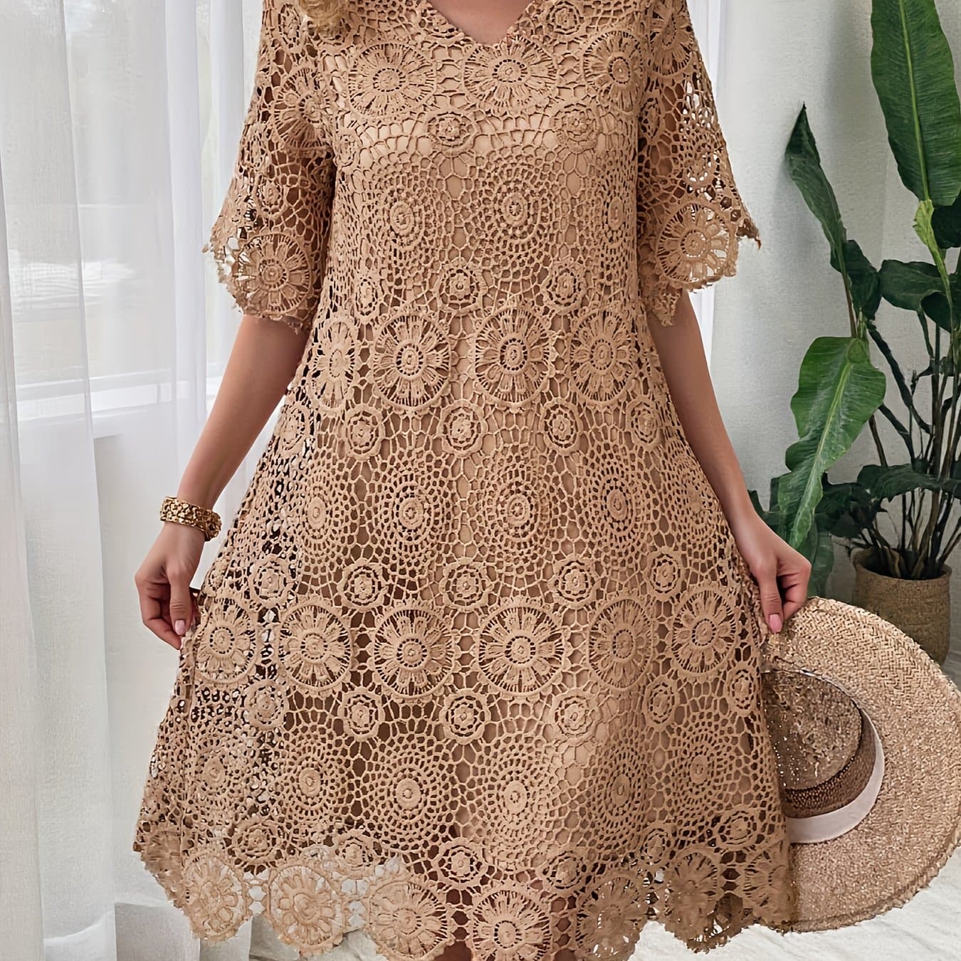 TEMU Women's Fashion Solid Color Short Sleeve V-neck Dress With Lining Hollow Out Lace Dresses