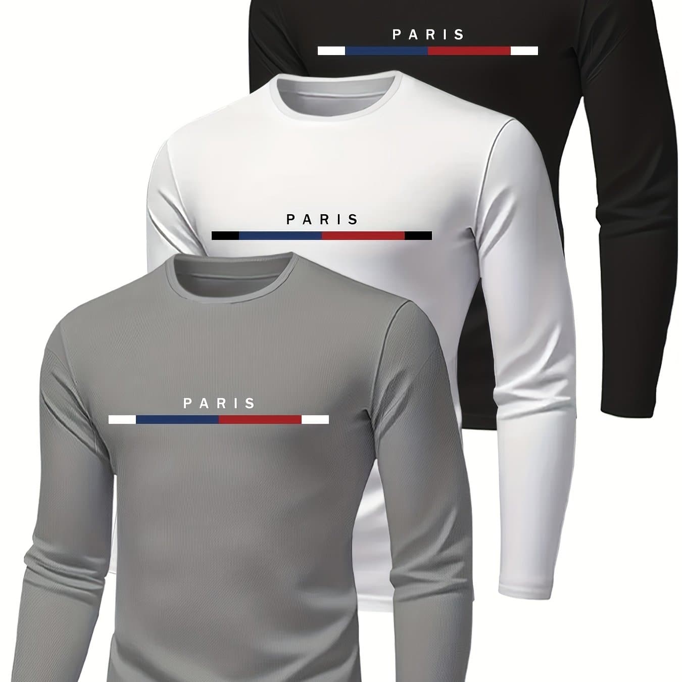 TEMU 3-pc Men's Long Sleeve T-shirts - Breathable Polyester - Paris Print Design, Regular Fit For Spring/fall