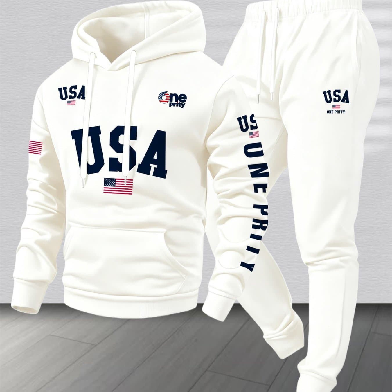 TEMU [] Men' Casual And Street American Flag Printed White Hoodie And Sweatpants Two-piece Set Comfortable Warm Trendy Outfit