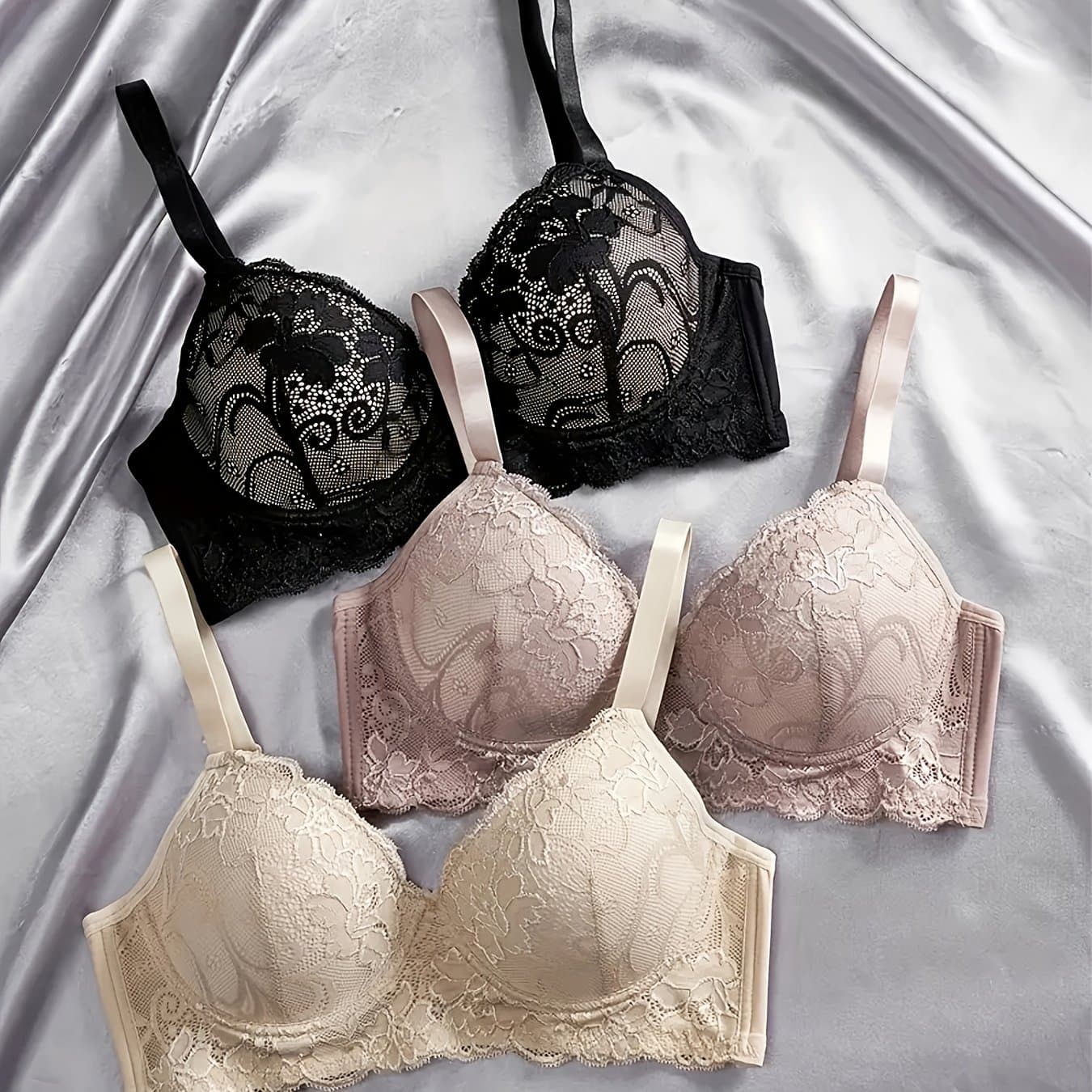 TEMU Set Of 3 Solid Lace Underwire Bras, Comfortable And Sexy Push-up Bra, Women's Lingerie And Underwear