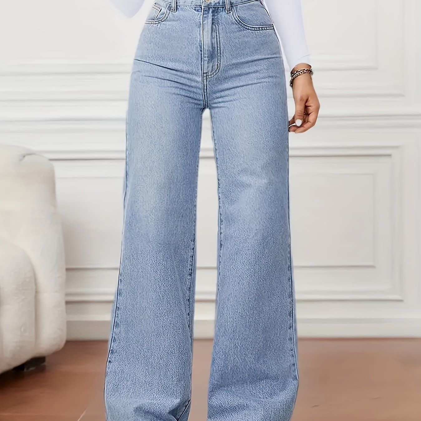 TEMU 2025 Women's Loose-fitting Jeans, High-stretch Straight-leg Pants, Casual Fashionable Mid-rise Jeans