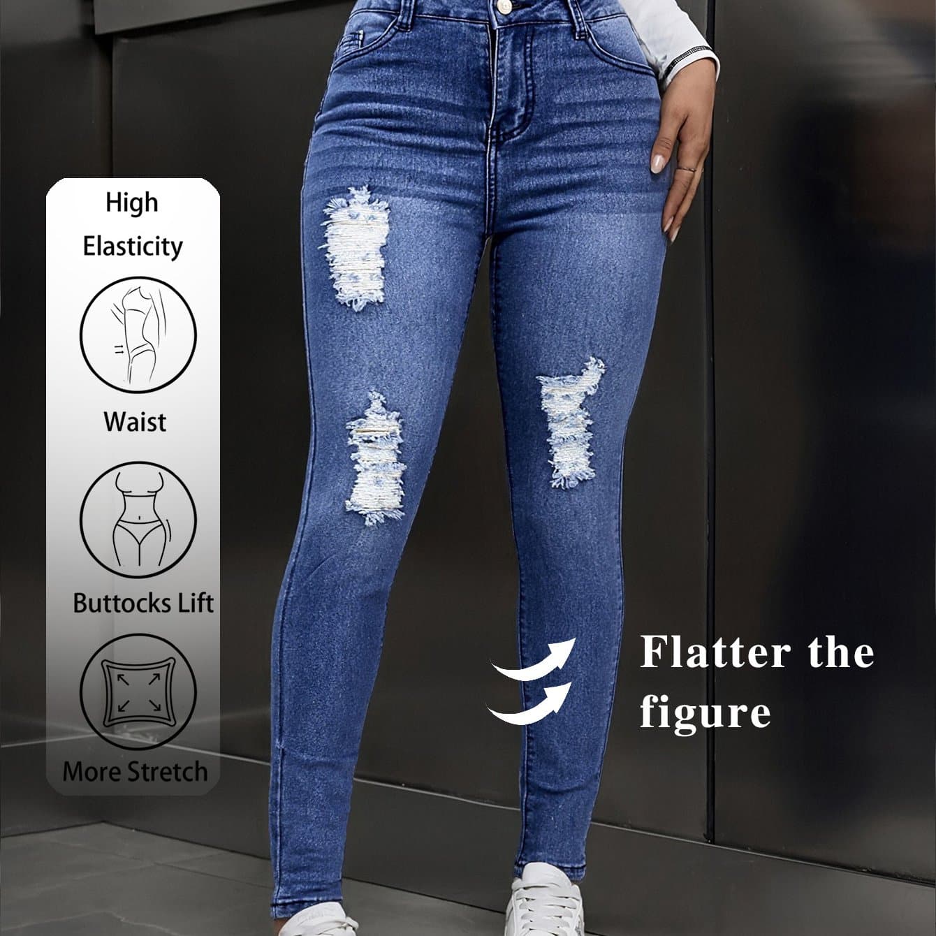 TEMU Women's Washed Ripped Jeans - Stretchy Skinny Full-length, -lifting, Long- &