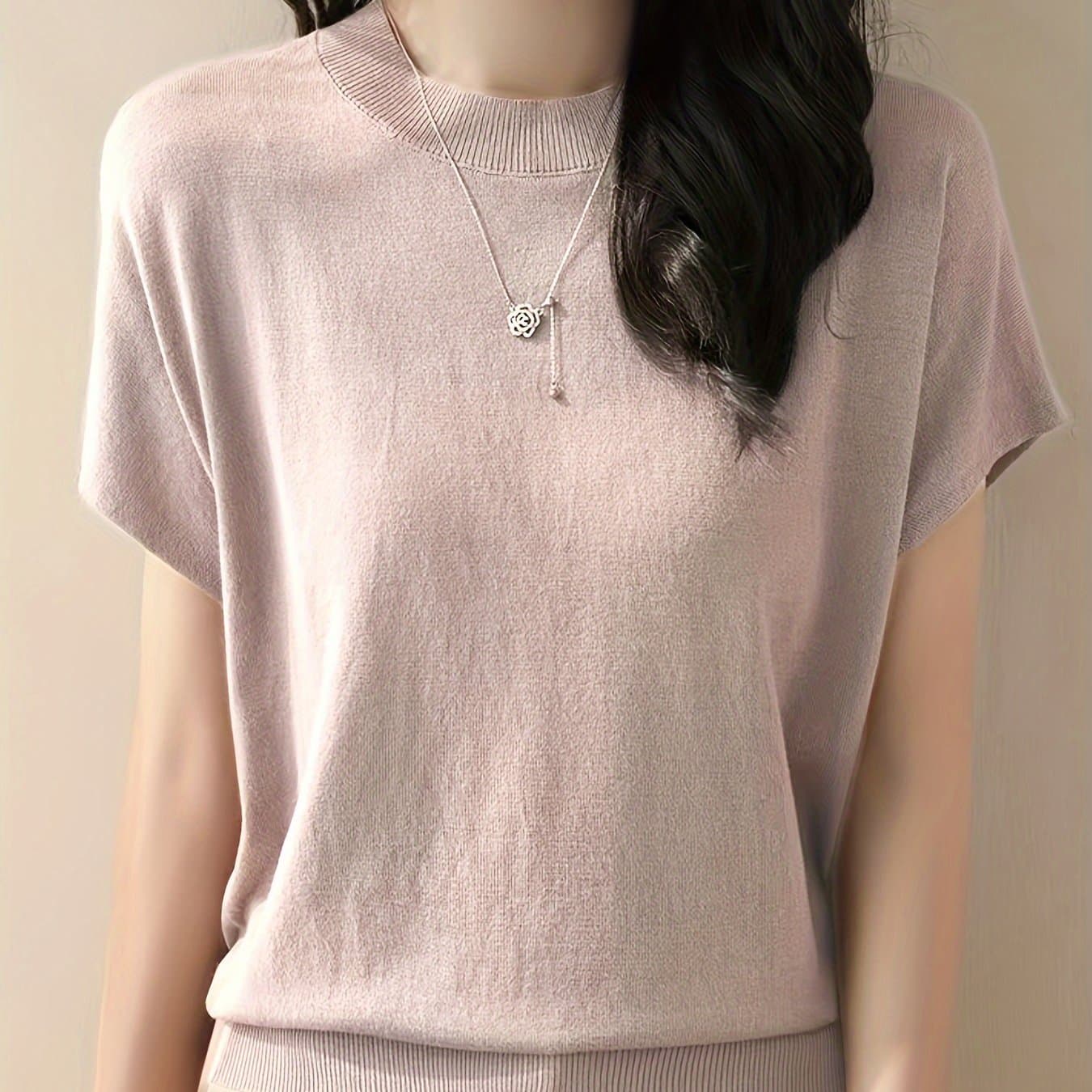 TEMU Women's Casual Knit T-shirt - Solid Color, High Stretch Viscose, Round Neck, Short Sleeve, Ribbed Detail