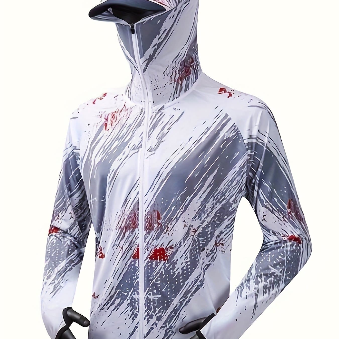 TEMU Men' Fishing Jacket - Quick-dry, Breathable Polyester, Blue And White Geometric Pattern, Hooded Outdoor Gear With Zipper Pockets, Fishing Gear