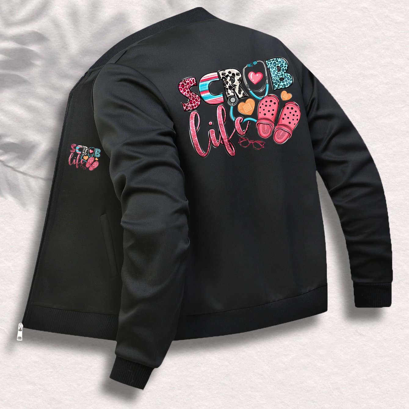 TEMU 2025 Women's Casual Sport Jacket With Double Printed Design, Baseball Collar, Pockets, Slight Stretch Polyester Knit Fabric, All Season Wear