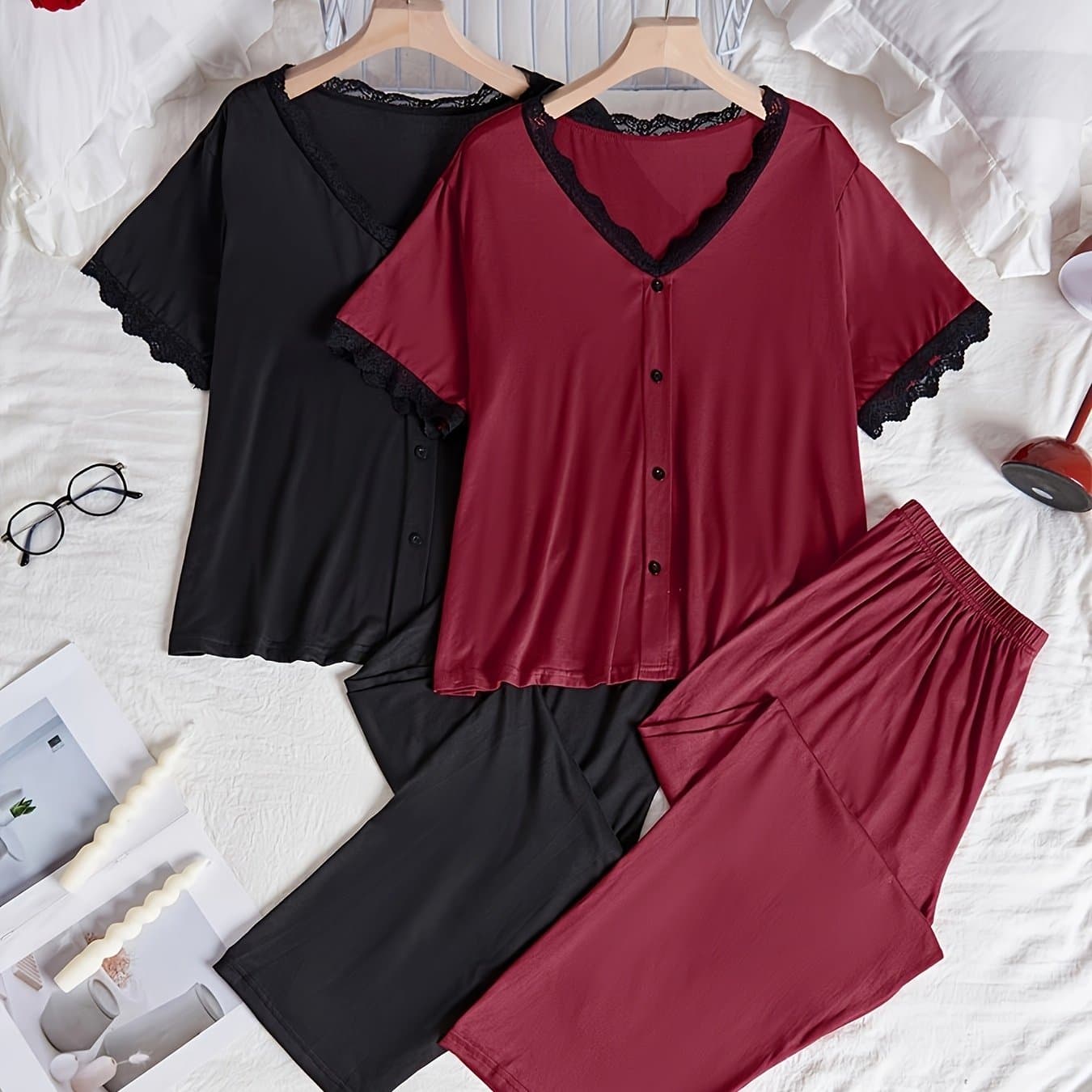 TEMU Autumn Plus Size Lace Trim Long Sleeve And Pants Set 2pcs Outfit