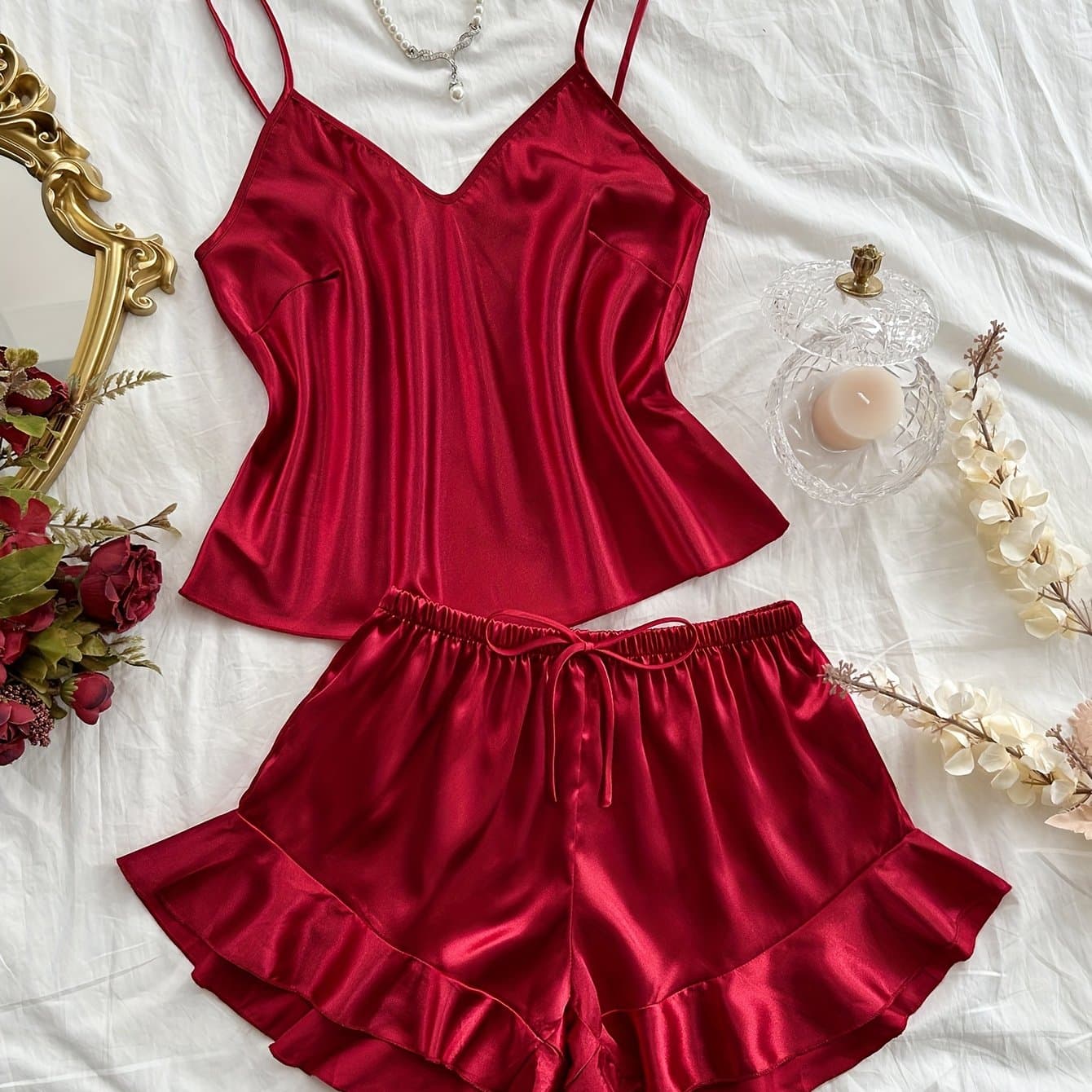 TEMU Women's Pink Satin Two-piece Pajama Set - Lace Trim, Ruched Waist, V-neck Tank Top & Shorts, , 's Day Design, Romantic Attire|lace Trim Shorts|smooth Texture, Pajamas For Women