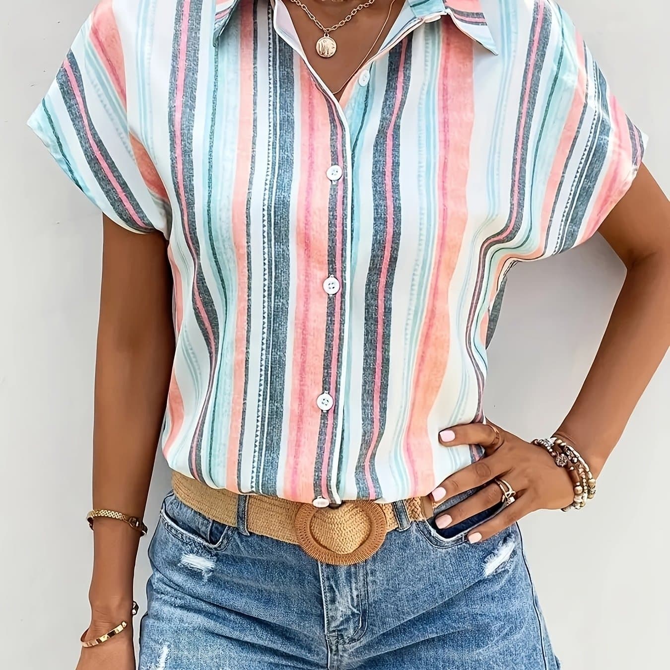 TEMU Spring/summer Striped Short Sleeve Shirt, Women's Casual Front Button Shirt
