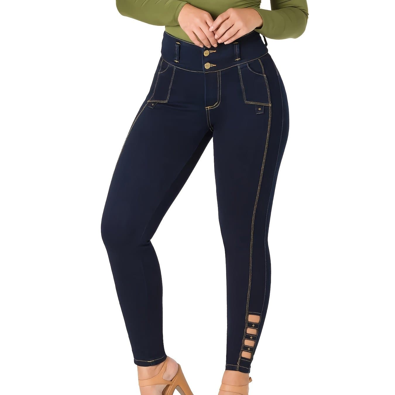 TEMU Women's Fashionable Simple Dark Small Feet Beads Inlaid With High Waist Elastic Hip Lifting Slim Fit Casual Nine-