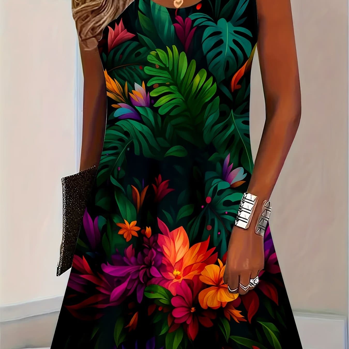 TEMU Women Tropical Floral Print Sleeveless Dress Summer Casual Wear For Beach Vacation Party Outing