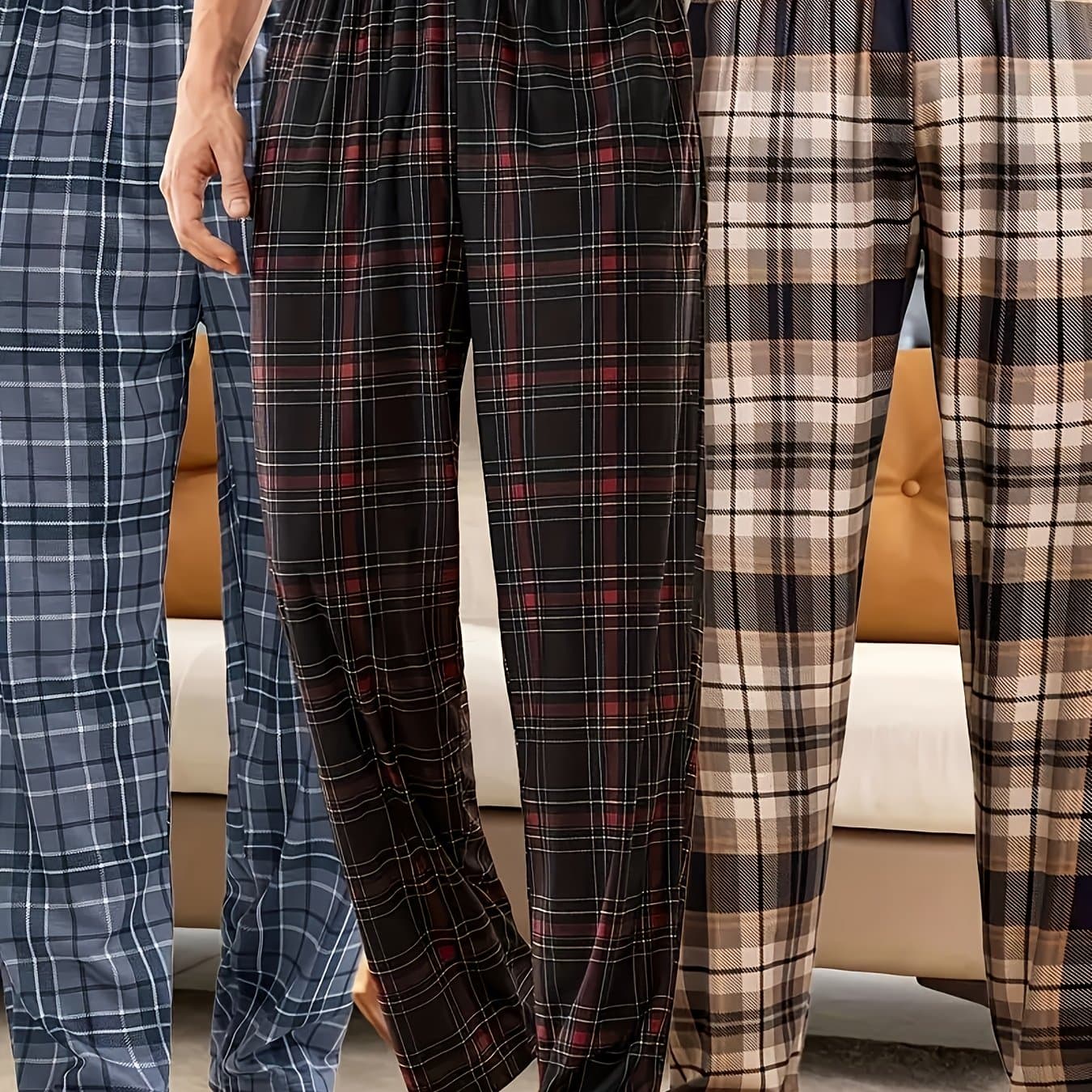 TEMU 3-pack Men's Soft Plaid Pajama Pants With Elastic Waist & Double - Loose-fit -season Sleepwear Suitable For &, Spring Summer Nightgowns (hand Washable)