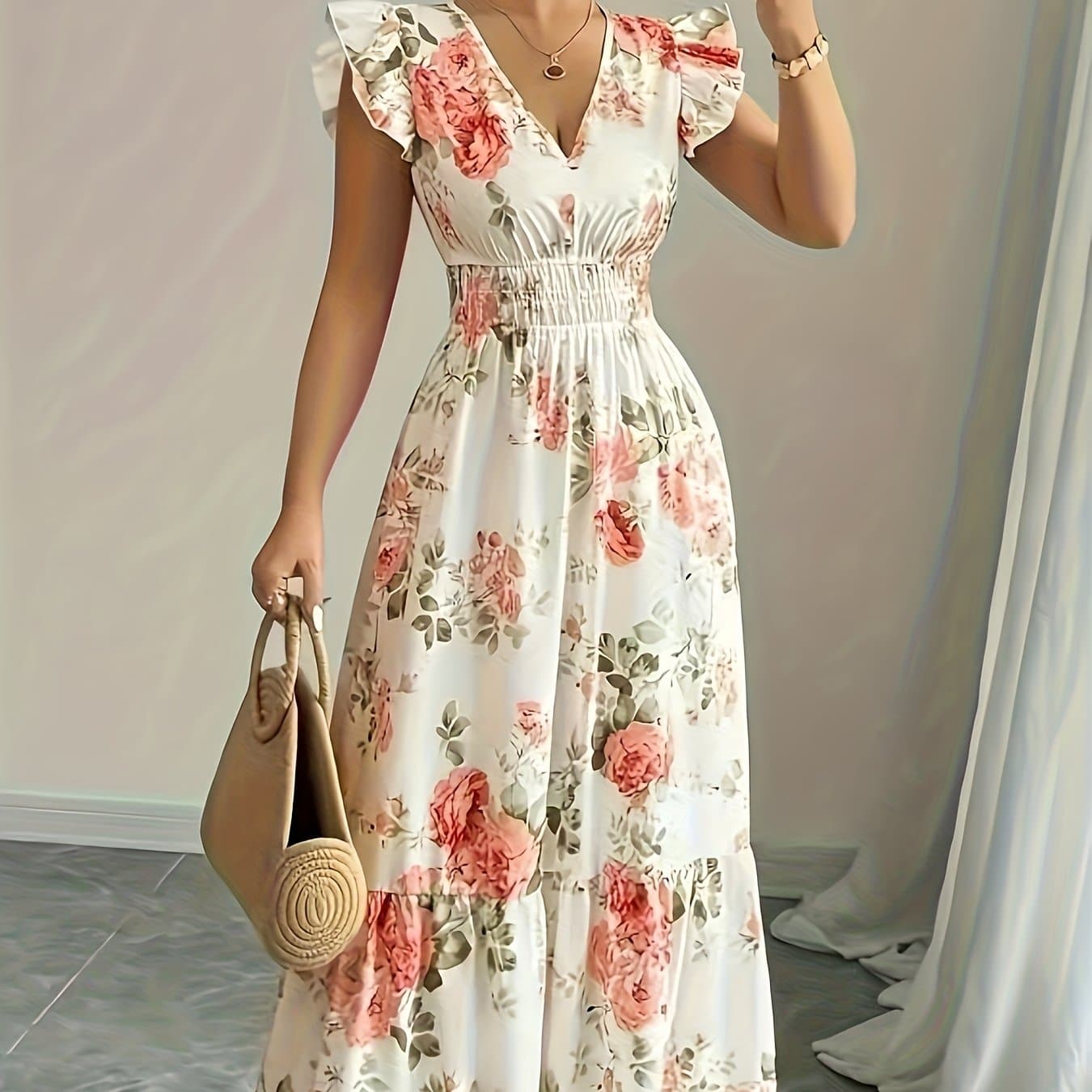 TEMU Elegant Women's Floral Print Dress With Drawstring Waist, Ruffle Trim, V-neck Design, Fashionable Street Style, Romantic, Beach, Vacation