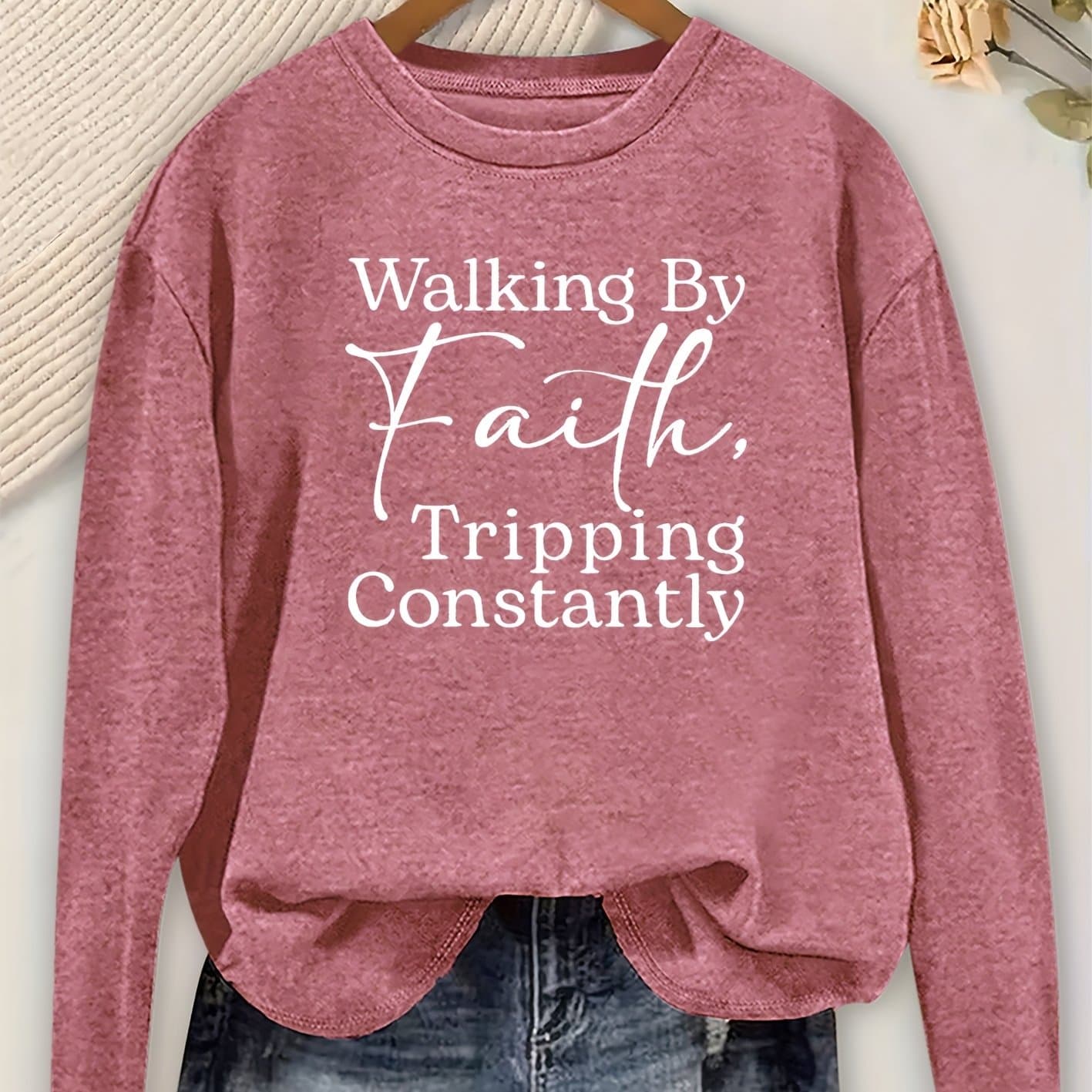 TEMU Vintage Women's Long Sleeve T-shirt | "walking , " Print, Crew Neck, Medium Stretch Fabric, Fashionable Casual Daily Wear, Versatile For Commuting And Vacation, Sizes S-xxl