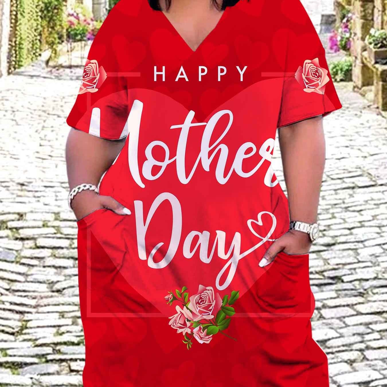 TEMU Happy Mothers Day Text And Rose Print Women's Plus Size V Neck Dress With Pockets Comfortable Breathable Fashion Casual Outfit Womens Clothes Suitable For Leisure And Sports Activities