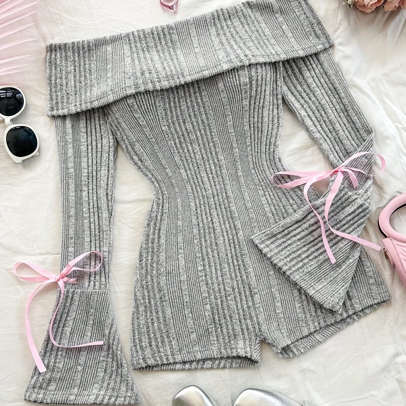 TEMU Elegant Women's New Ribbed Solid Color Flared Long Sleeve Slim Fit Jumpsuit