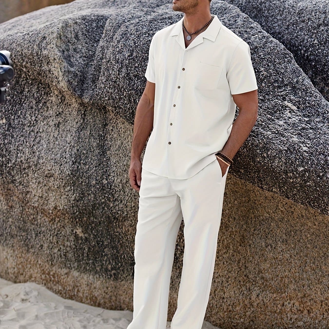TEMU Men 2pcs Linen Outfit Beach Button- Shirt Casual Loose Pant Sets