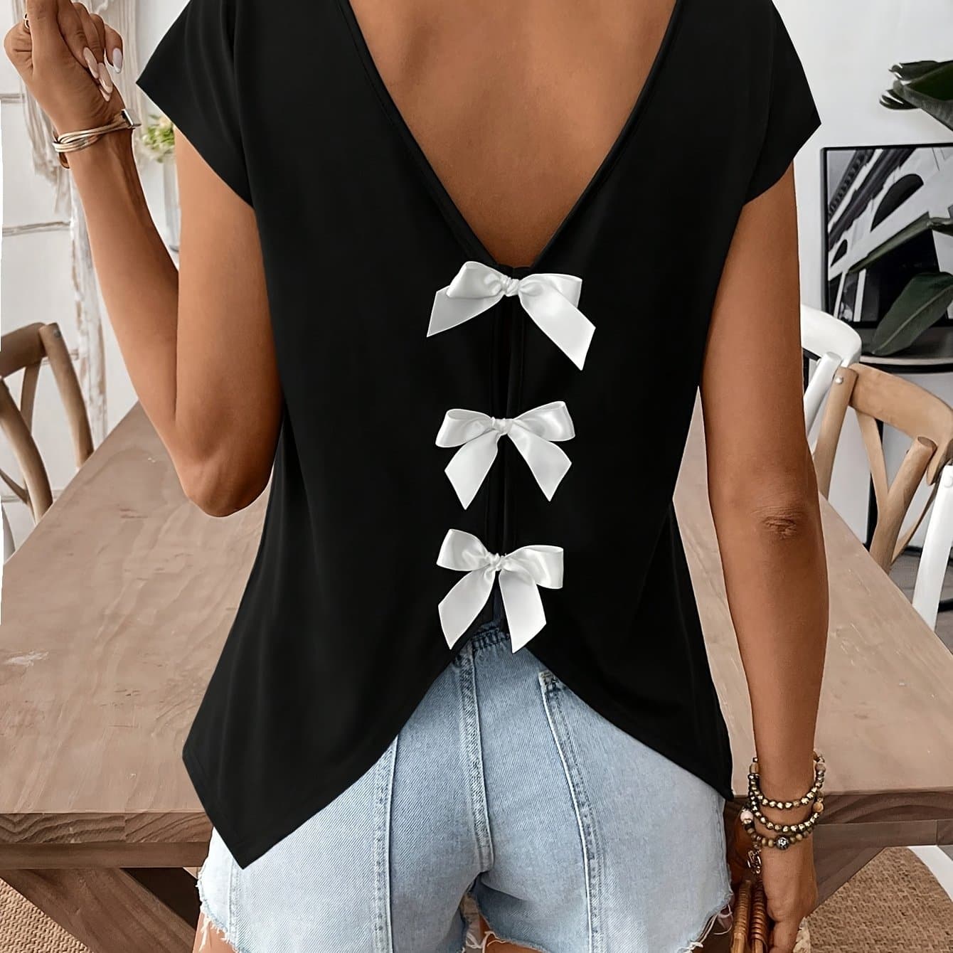 TEMU Women's Vacation Casual Bow Decorated Short Sleeve T-shirt