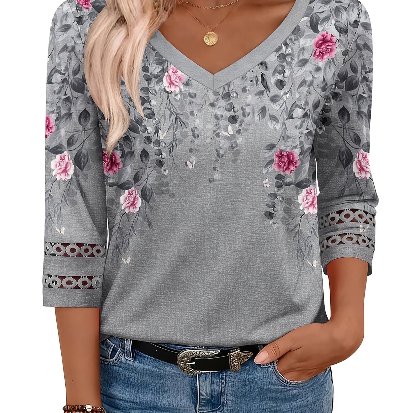 TEMU Women's Elegant Comfortable 3/4 Sleeve Top, Fashion Basic Shirt, Loose Casual V-neck Lace Spliced Three-quarter Sleeve T-shirt