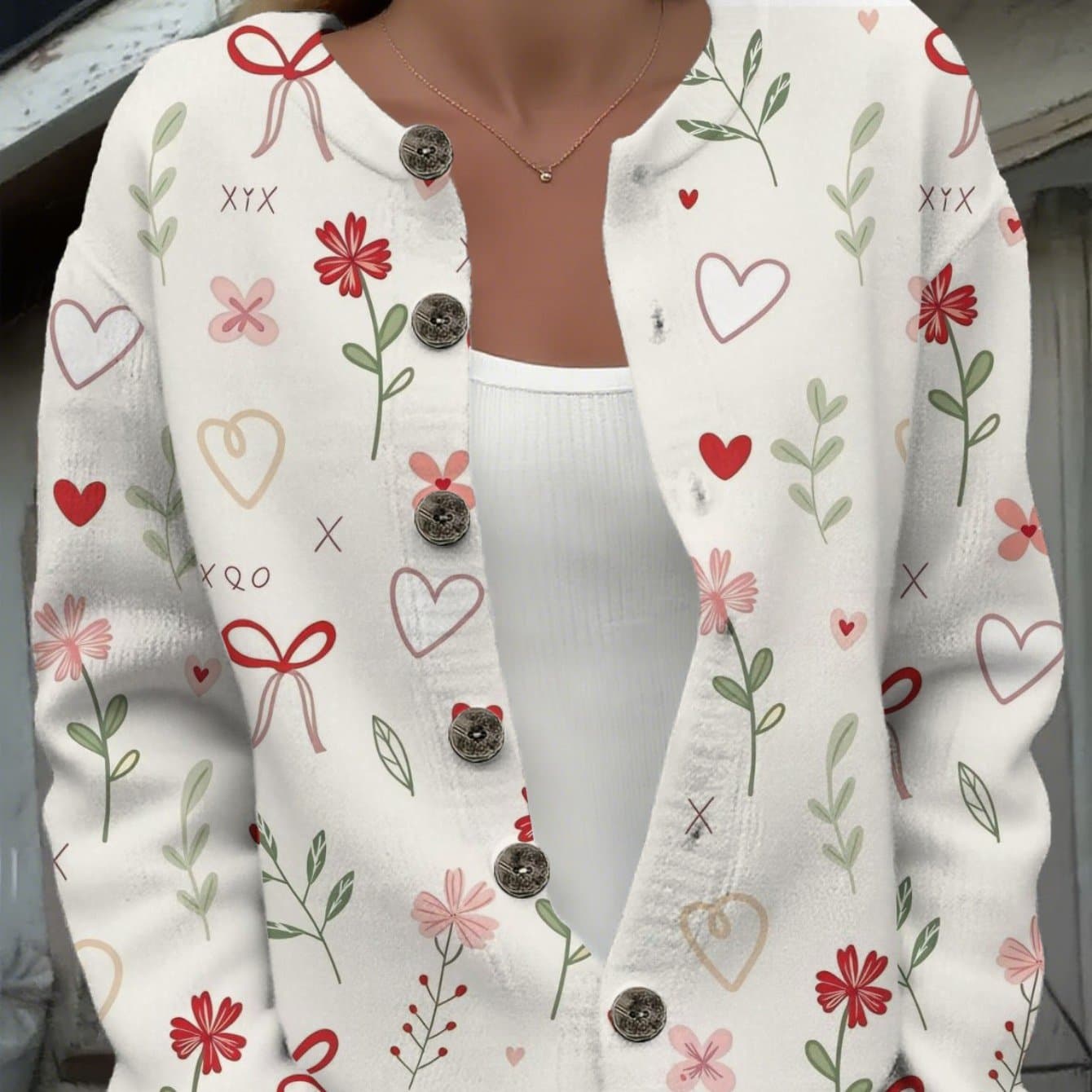 TEMU Plus Size Women's Casual Fashion Printed Cardigan, Round Neck Cardigan, With Button Details, Slight Elastic Fabric, Autumn Winter Coat