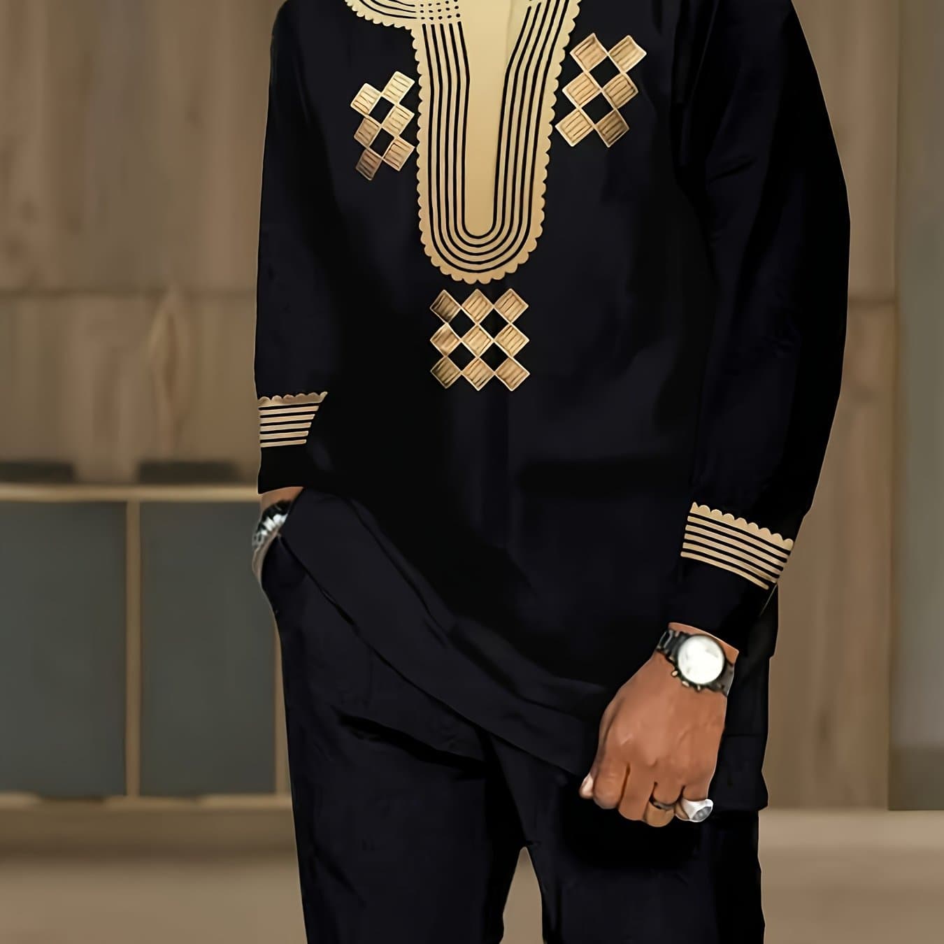 TEMU Single Long-sleeved T-shirt (without Pants), Men's Ethnic Style Long-sleeved T-shirt. And Golden Combination, Artistic And Fashionable Design, Suitable For Daily And Casual Wear