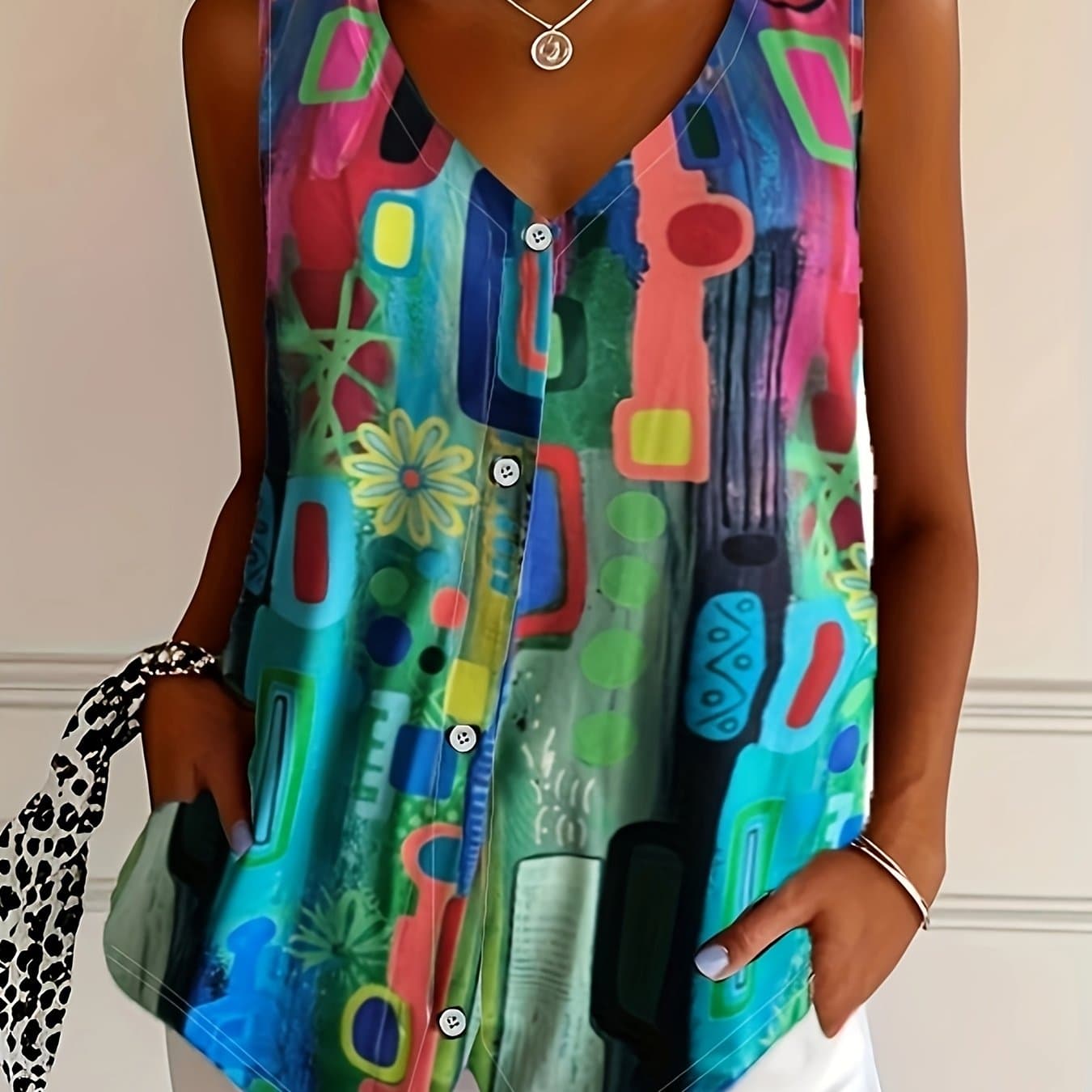 TEMU Women's Printed V-neck Buttonless Sleeveless Shirt | , Drawing Pattern