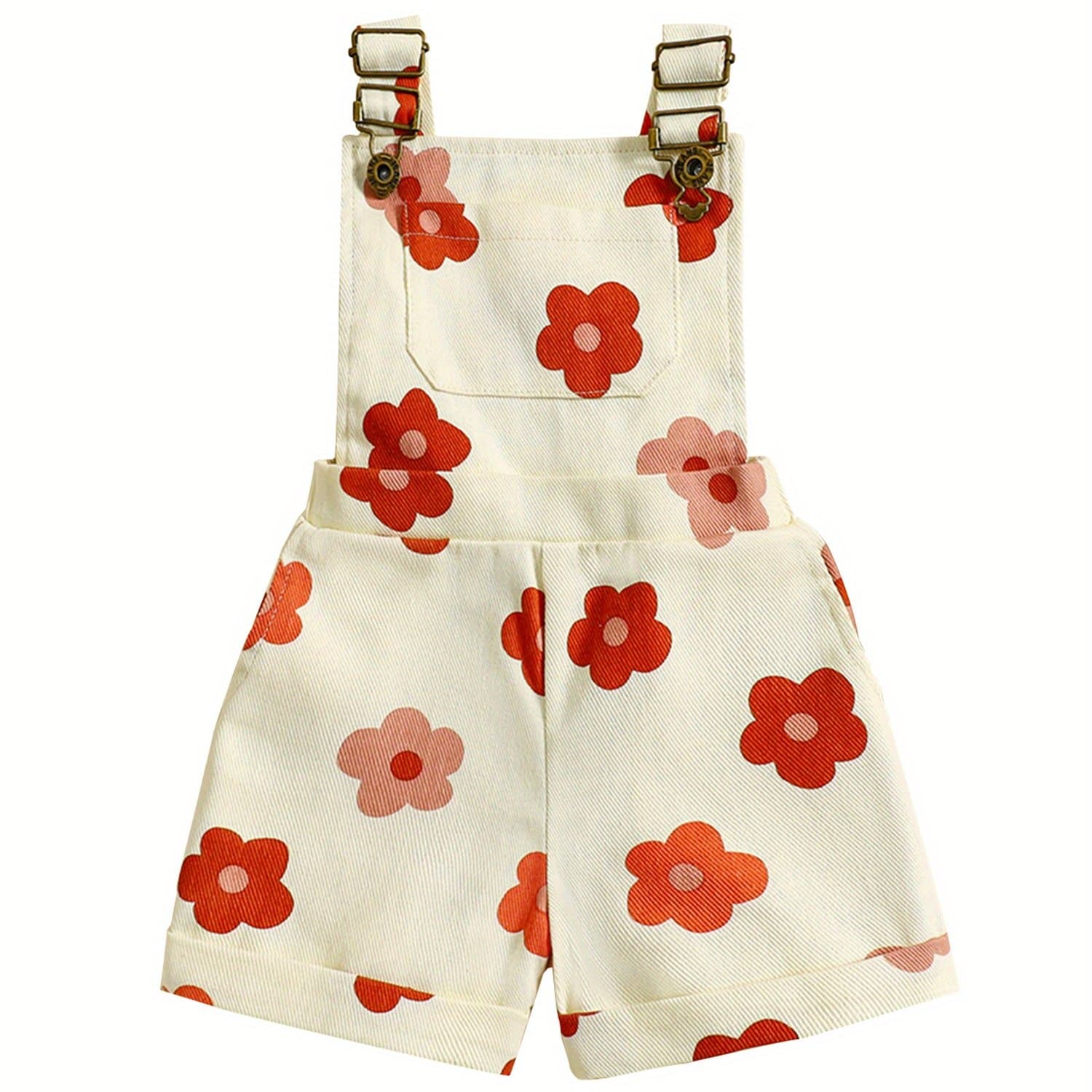 TEMU Little Girl Faux Denim Overalls Flower/strawberry Print Faux Denim Overalls Strap Suspender Shorts Outfit, For Outdoor