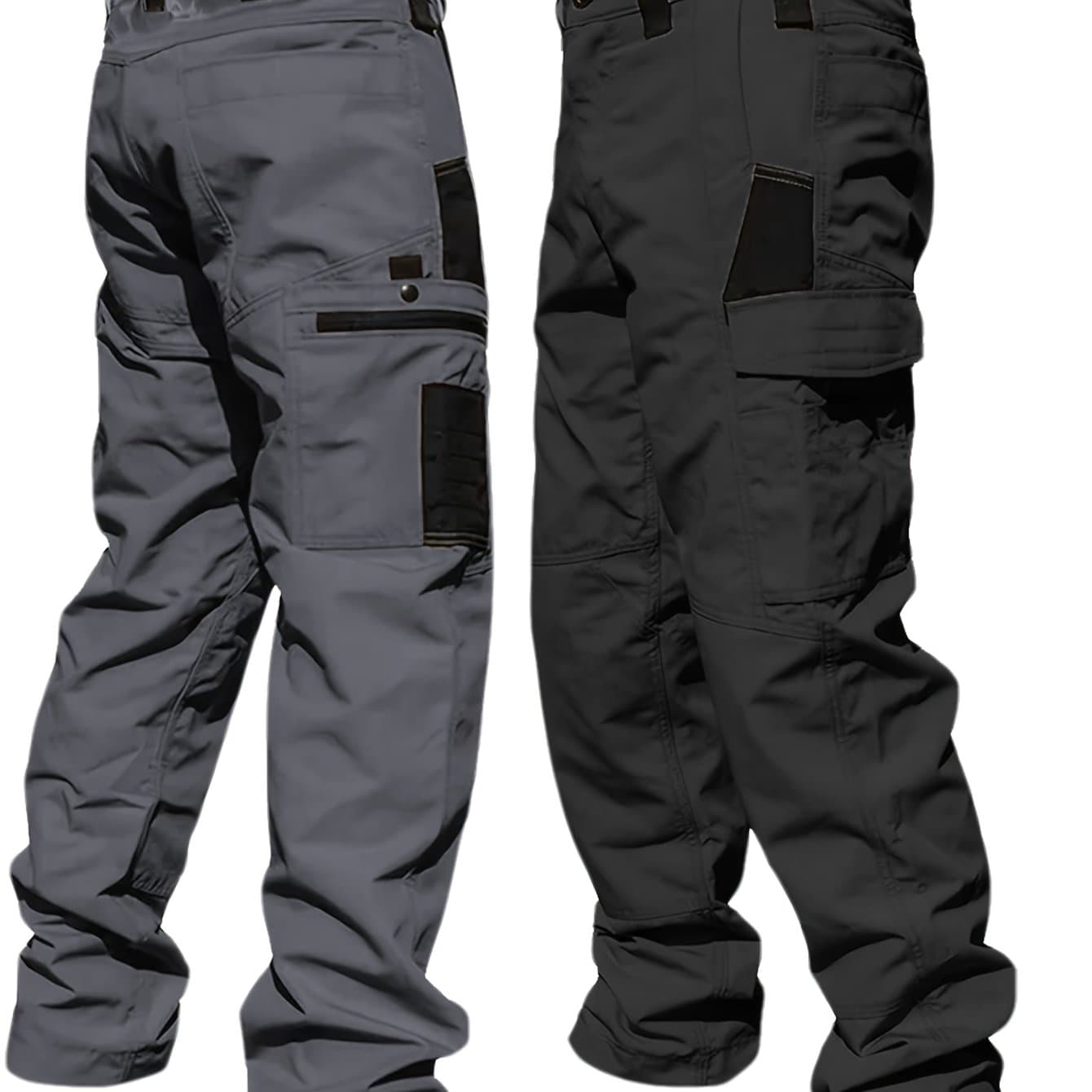 TEMU 2pcs Men's Tactical Work Pants With Spacious Multi- & Durable Fabric, Outdoor Pants For Camping, Climbing, Fishing, Hunting, Straight- With Belt Loops, Rugged Style,