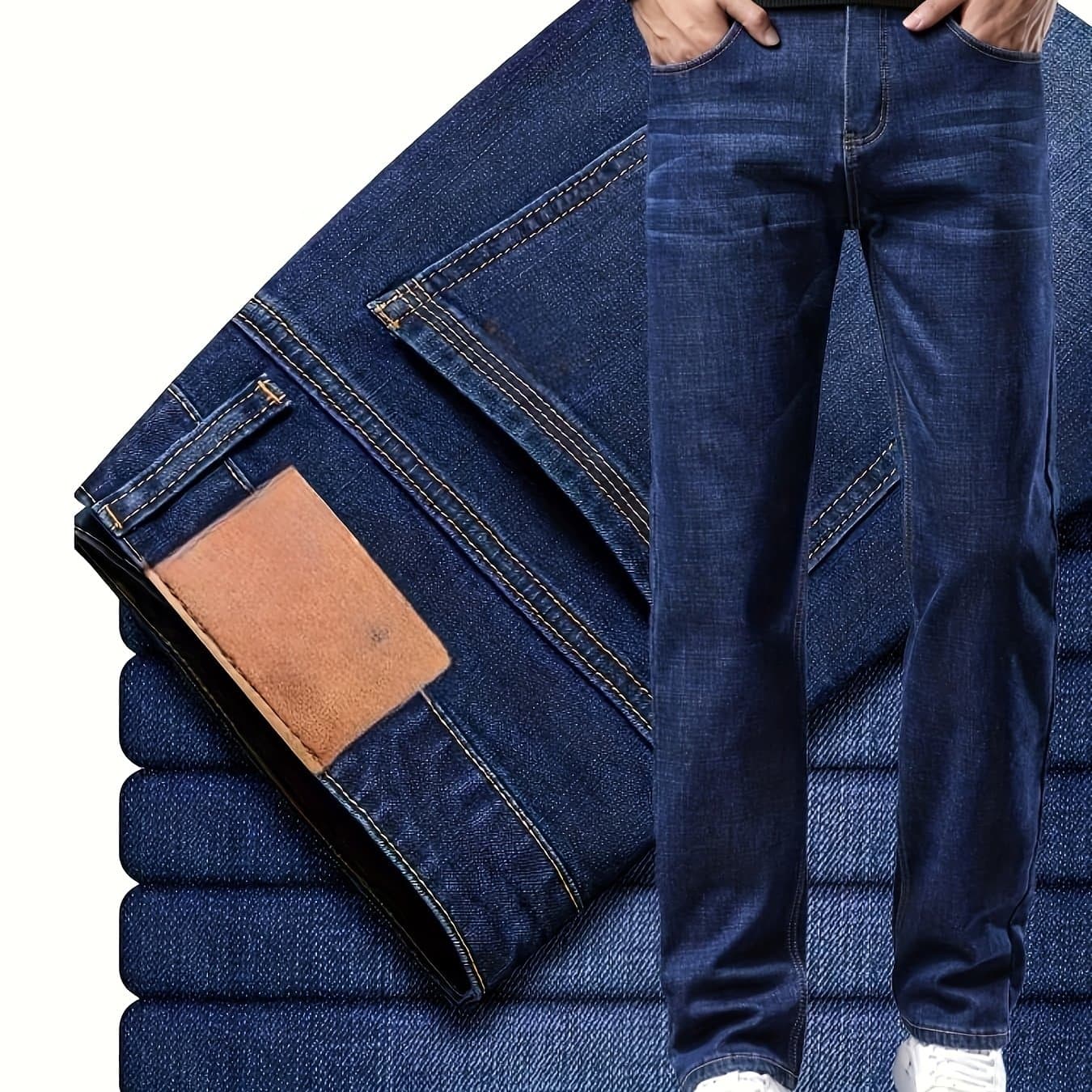 TEMU Straight Denim - All Season Business Casual, Black, Stitching Details, Machine Washable, Men's Slim Fit Denim, Suitable For Multiple When Going Out For A Date