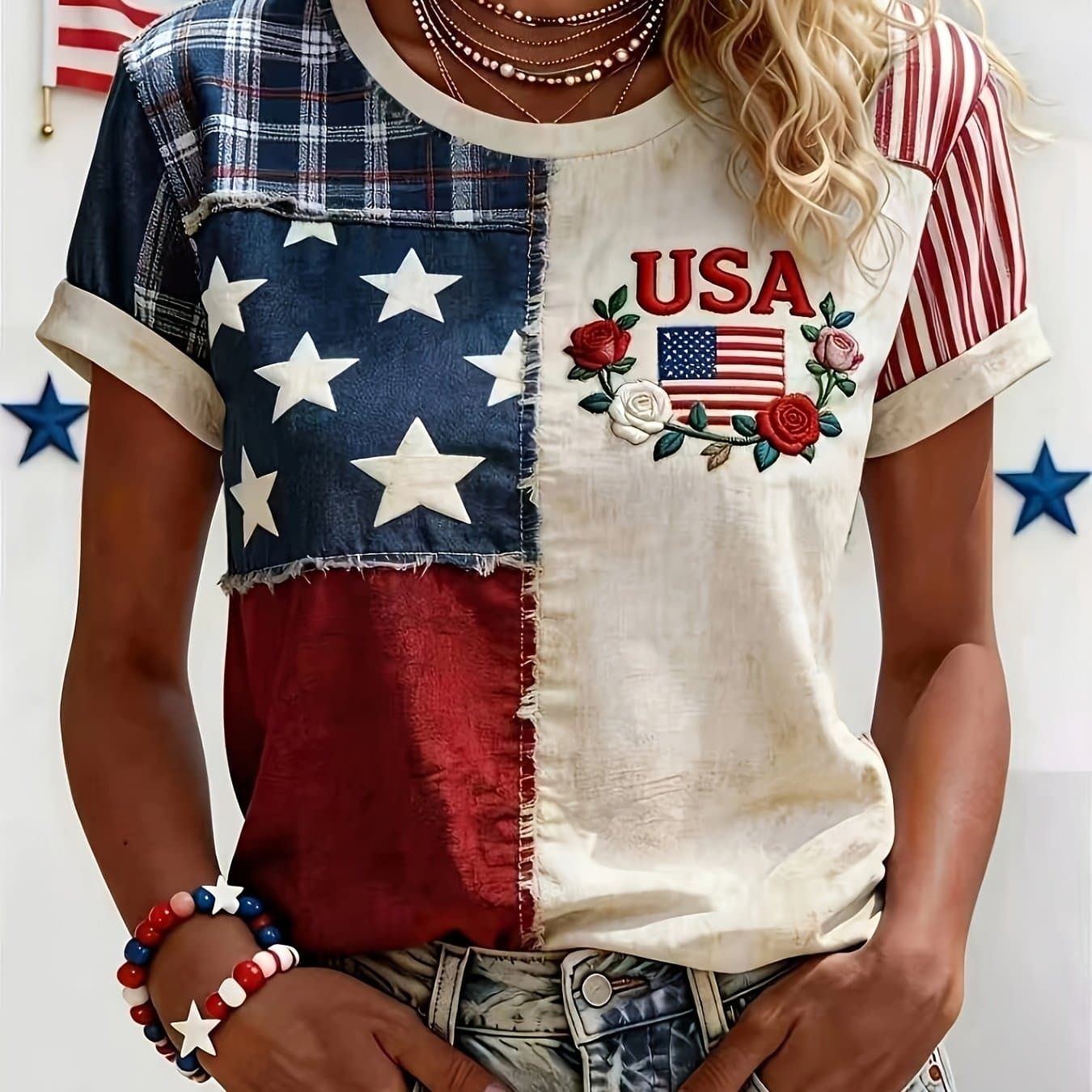 TEMU [printed Design - Not Texture] Women's T-shirt, Ladies Floral Print Tee, Usa Flag Top, Casual Streetwear Women's Clothing, Summer T-shirt, Fashion Apparel