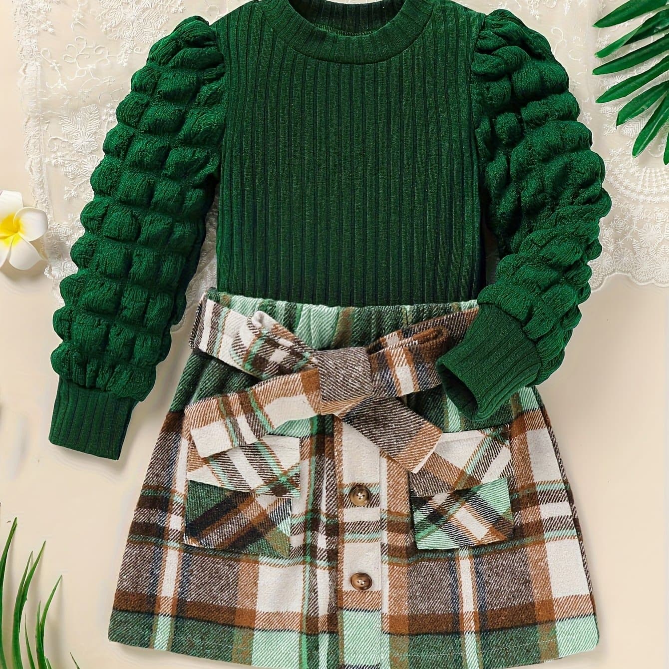 TEMU ' 2pcs Set: Cozy Ribbed Long Sleeve Top & Plaid Skirt With Belt - Elegant Casual Outfit For , Perfect For Fall/winter