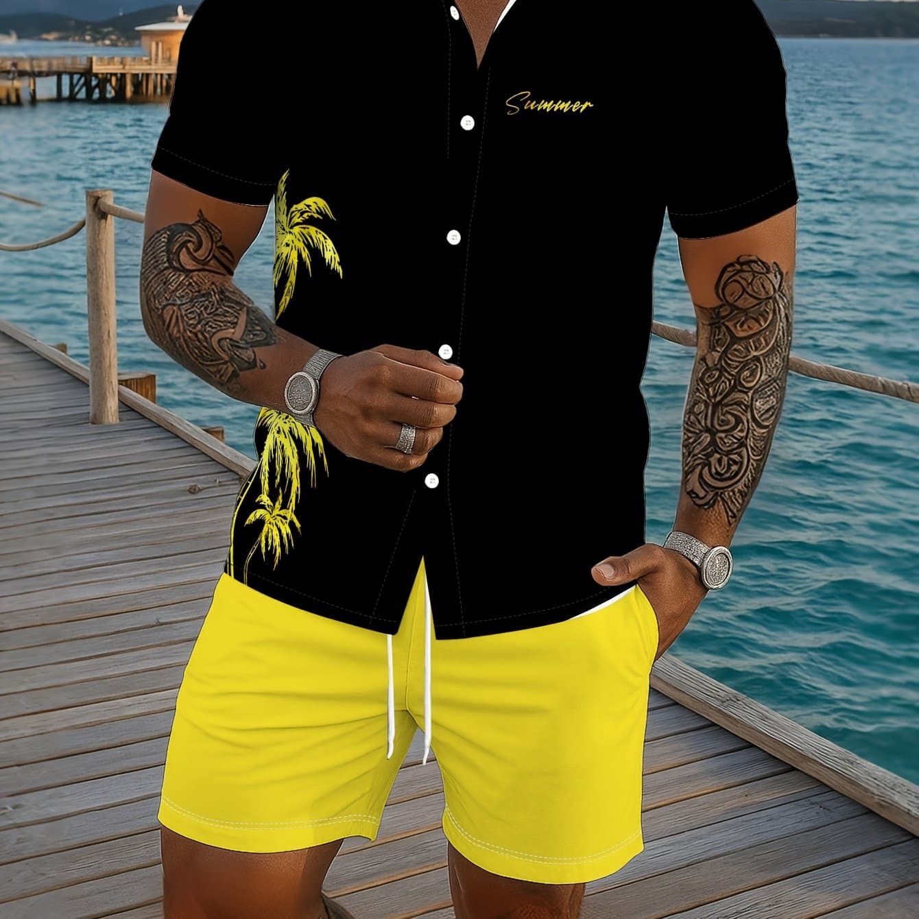 TEMU Style Printed Short Sleeve Shirt+ Drawstring Shorts Set