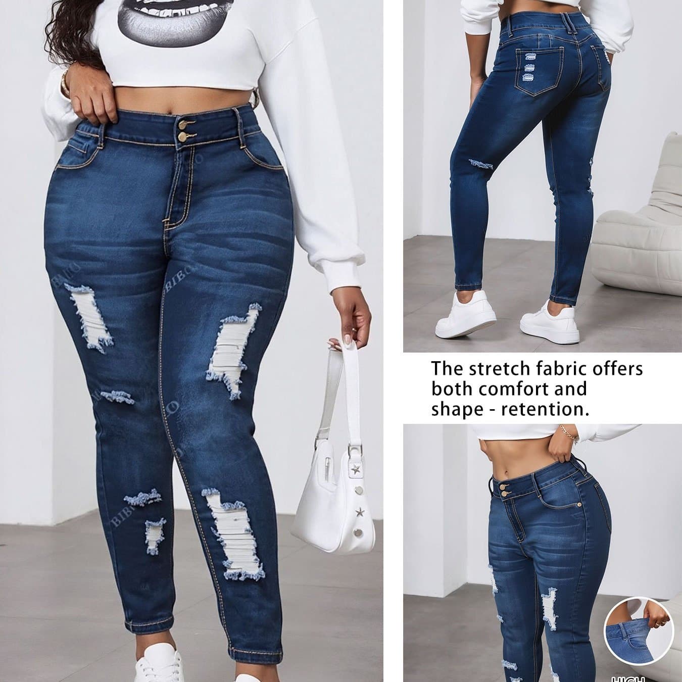 TEMU Women's Plus - Size High - Waisted Ripped Jeans, Elastic & Shaping