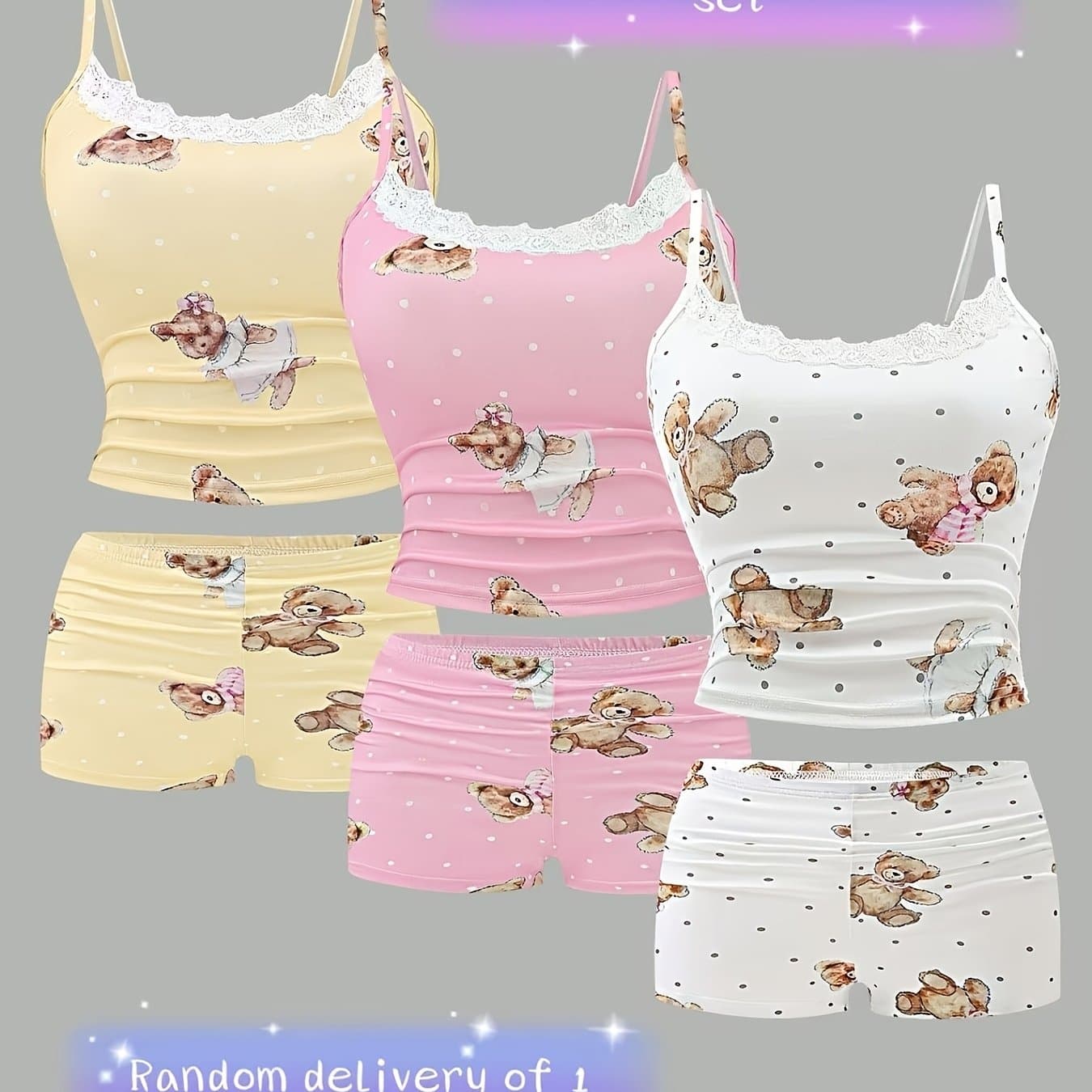 TEMU {random Delivery Of 1 Set} Teenage Send 1 Set Of Cute Cartoon Polka Dot Bear Full Print Print Pajamas Suspender Shorts And Set, For Teenager, For Teenager