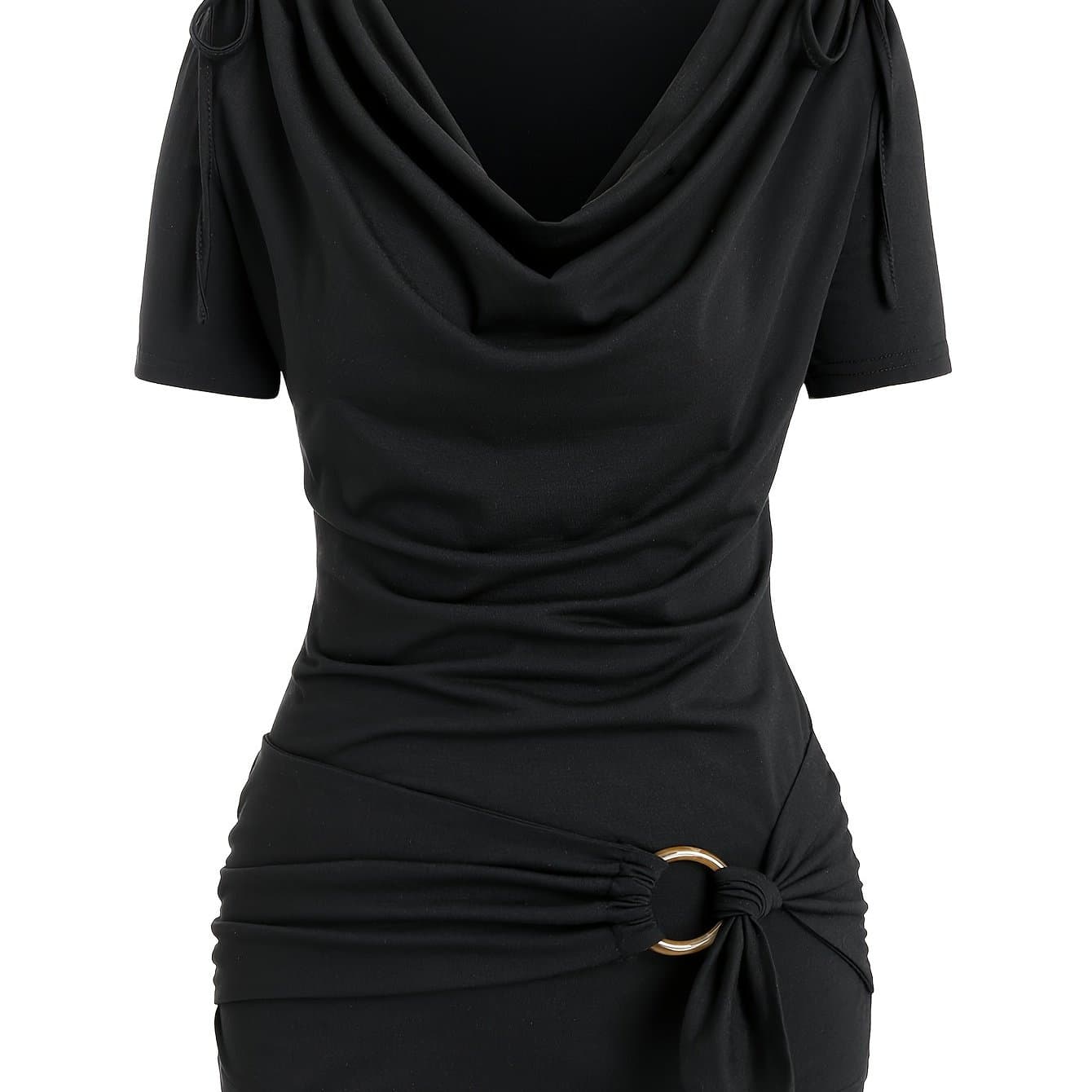 TEMU (approved Spu 461444246) Shoulder Solid Color Drawstring T-shirt