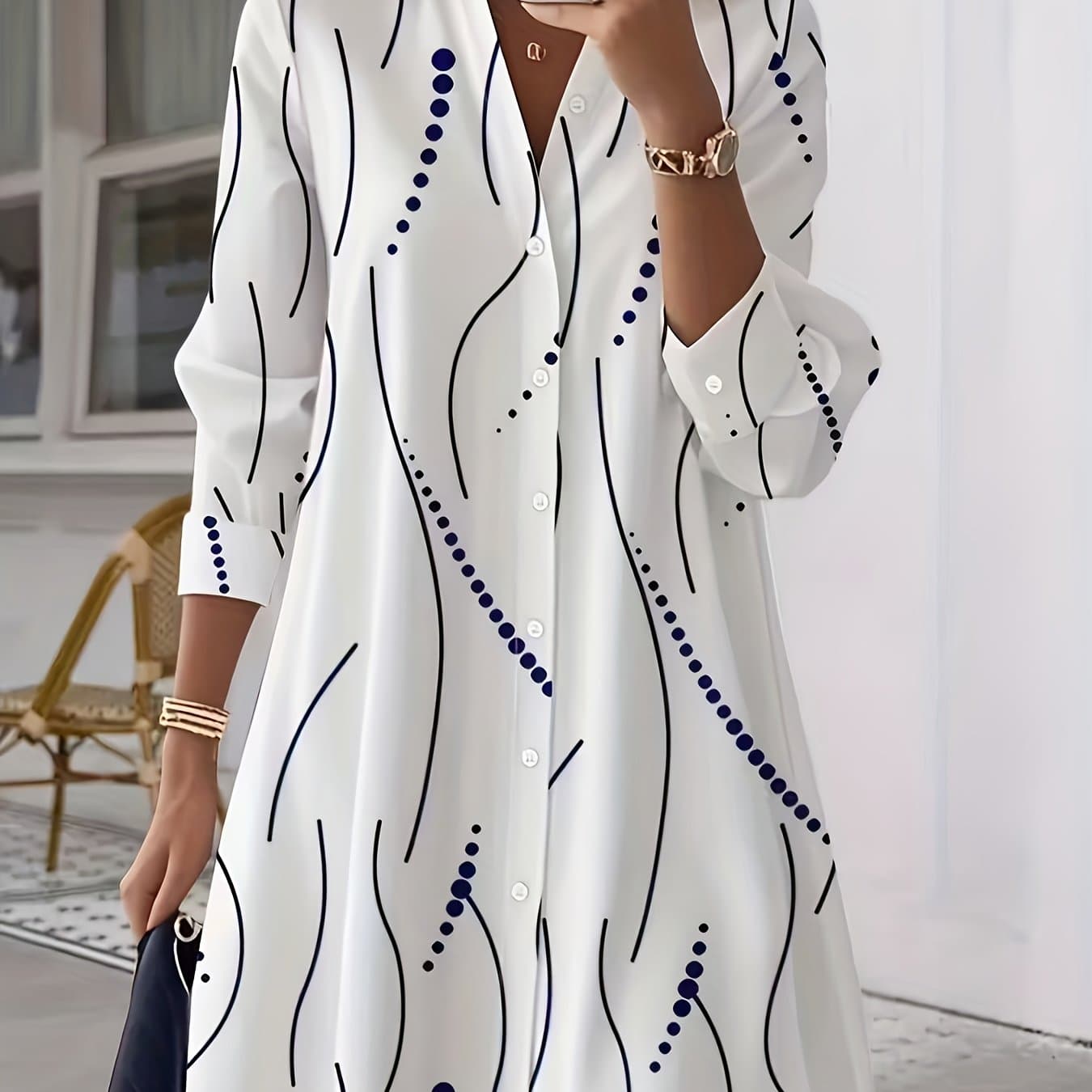 TEMU Women's Elegant Button- Shirt Dress - Long Sleeve Lapel Top, Outfit, Machine Washable Spring And Autumn Everyday Wear