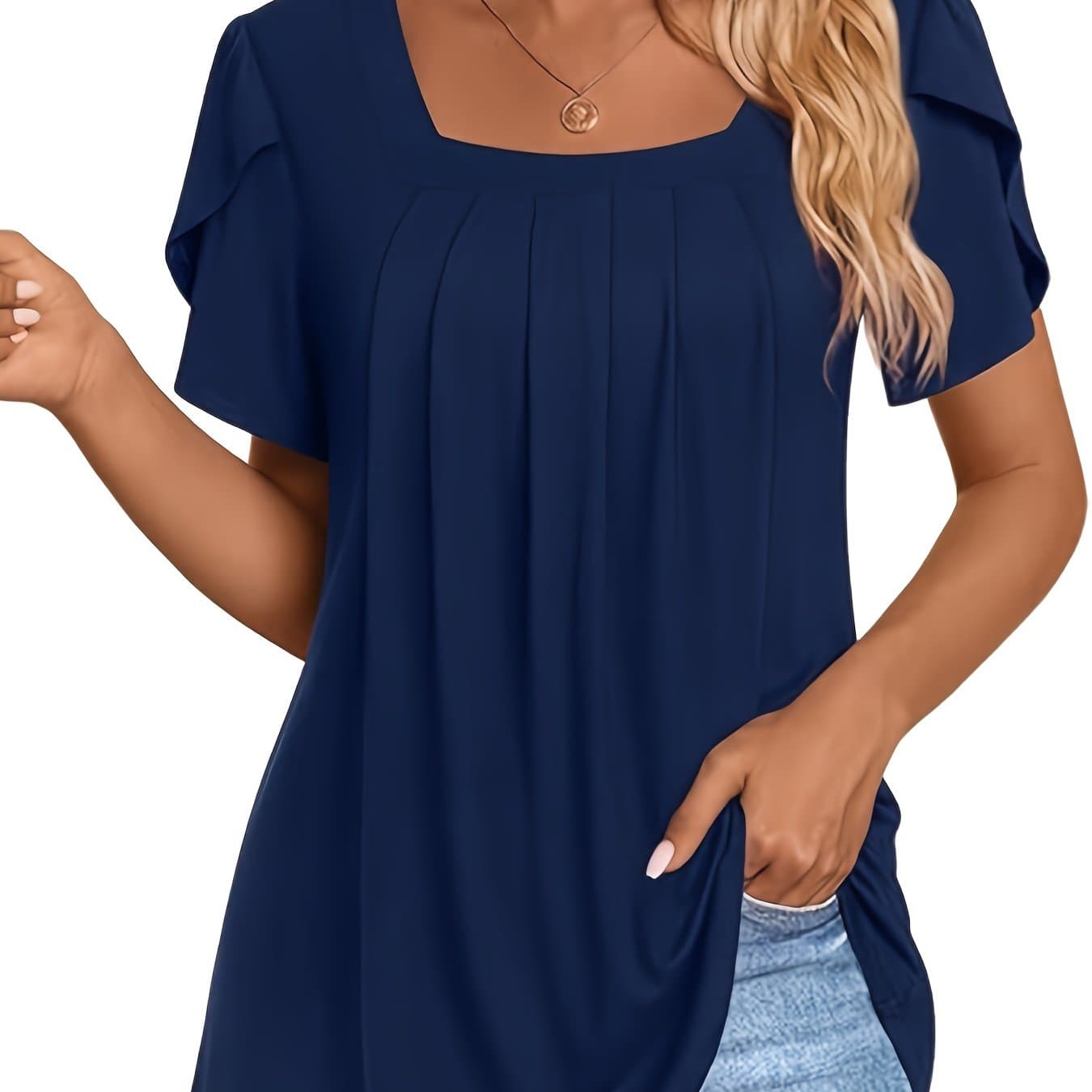 TEMU Summer Elegant Women's Casual Pleated Design Short Sleeve T-shirt - Soft, Square Neck, Machine Washable, Navy Blue, Suitable For Spring/summer/fall, Women's T-shirt