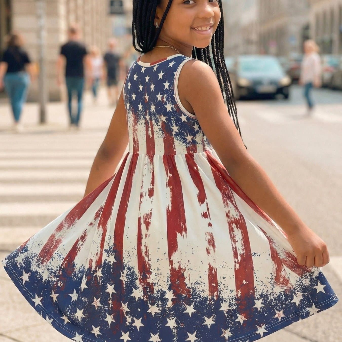 TEMU Summer Girls' Sleeveless Dress With American Flag Print, Loose And Comfortable, Suitable For Outdoor Activities And Patriotic Holidays, Soft Fabric, Versatile And Stylish