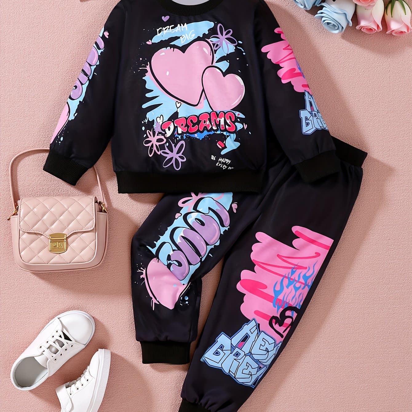 TEMU A Heart And Letter Print Sweatshirt Sports Set For Girls, Perfect For Back-to-