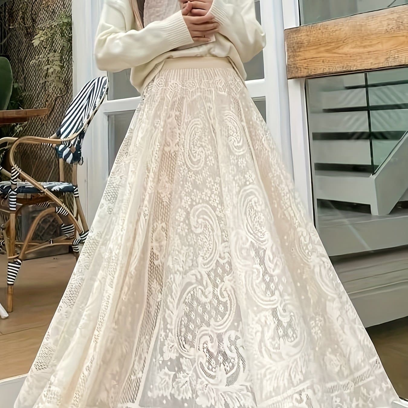 TEMU Solid Color Hollow Embroidery Skirt