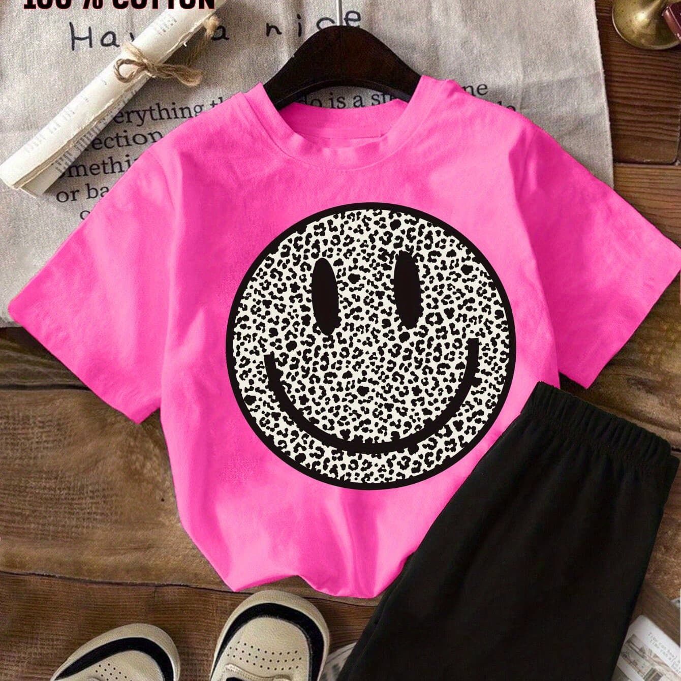 TEMU 2pcs New Pink T Shirt With Leopard Smile Face Short Sleeved 100% Cotton T-shirt And Shorts 2pcs Set Perfect For Outdoor, Perfect For Outdoor