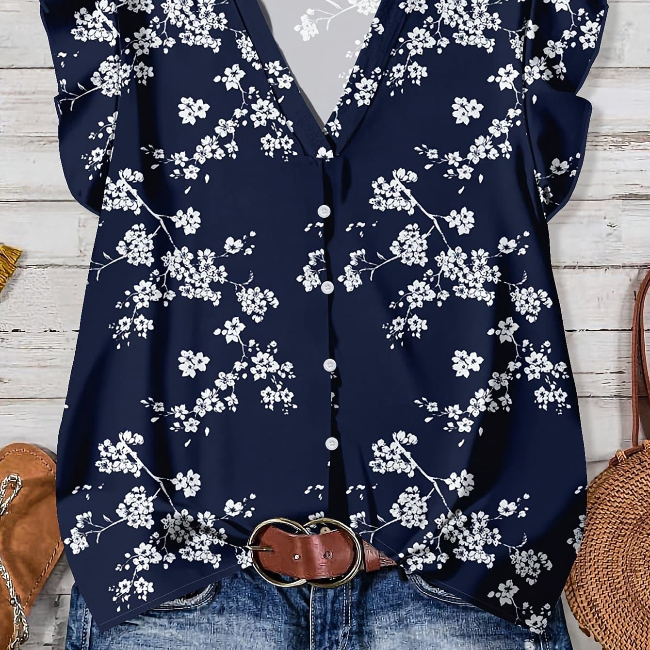 TEMU Floral Pattern Women's Blue Casual Shirt, Suitable For Summer