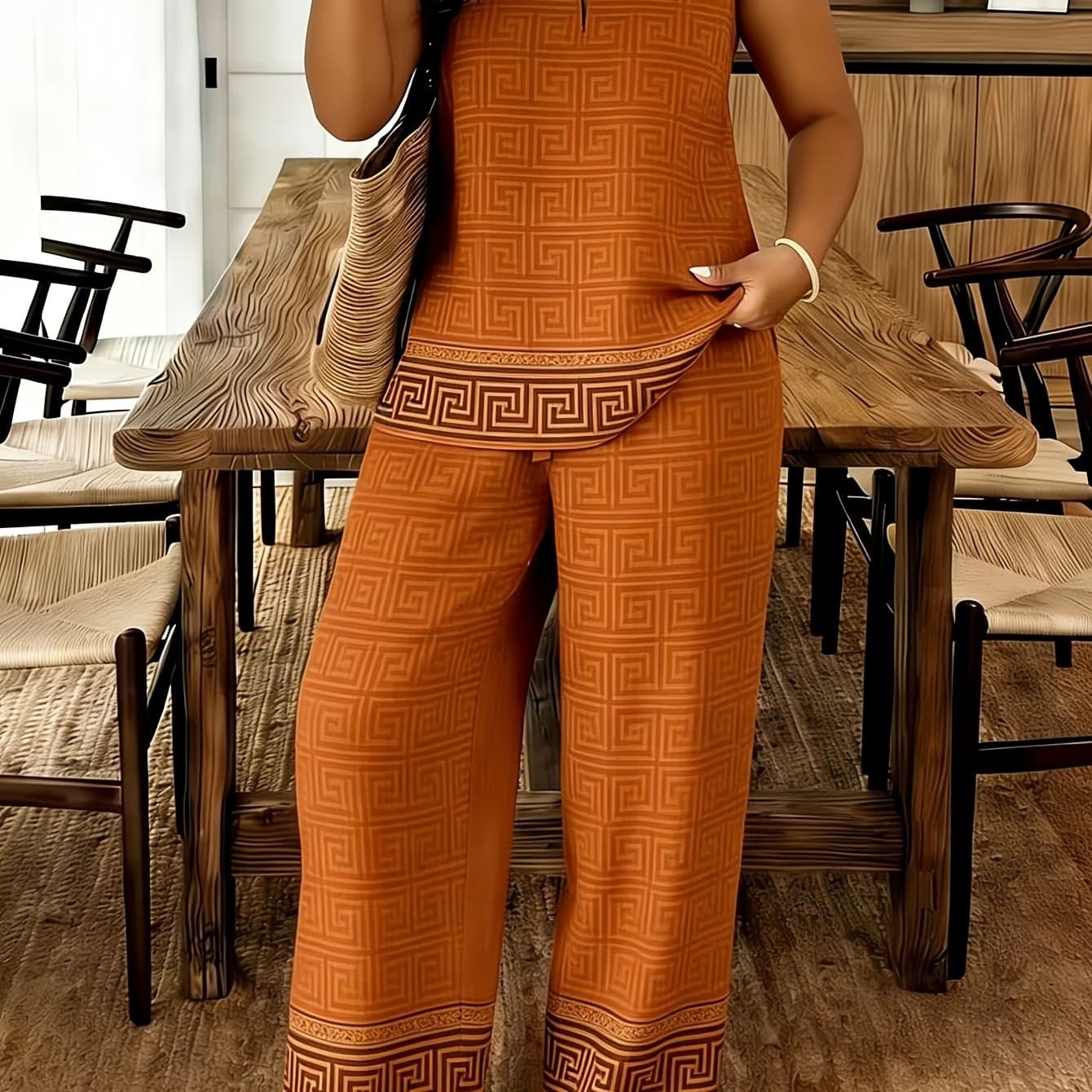 TEMU Women's Summer Full-print Outfit: Sleeveless Loose Top With Straight-leg Trousers, Elegant Two-piece Casual Wear