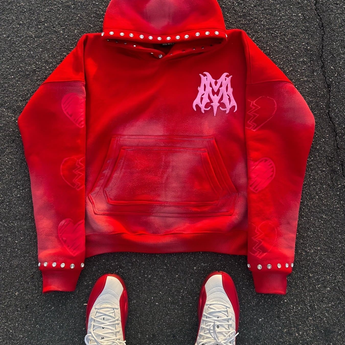 TEMU Unisex Streetwear Pullover Hoodie With Flame Letter Print Broken Gradient Red Color Studded Hood And Cuffs Oversized Hip Hop Y2k Aesthetic Sweatshirt For Men And Women Couple Outfit