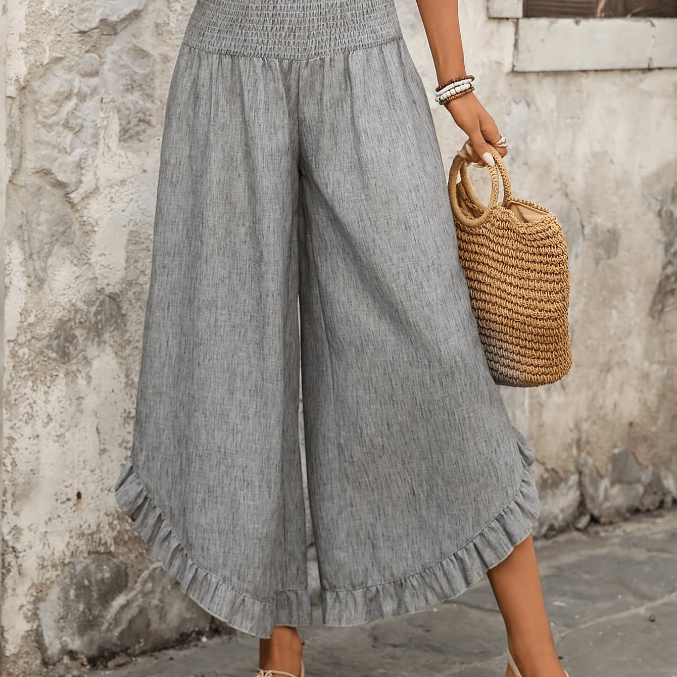 TEMU Women's Casual High-waist Solid Color Long Pants Summer Outdoor Outfit Vacation Wide-leg Trousers