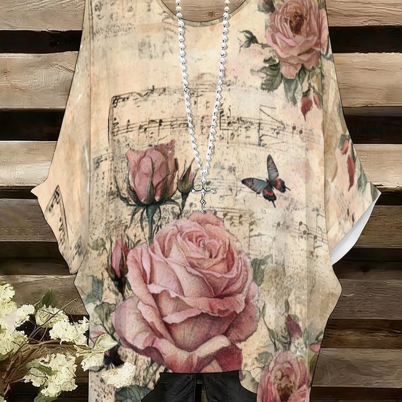 TEMU Plus Size, [printed Design - Not Textured]casual Plus-size Women's Short-sleeve Top And Rose Floral Patterns Retro-inspired Sheet Music Elements Relaxed-fit Outdoor T-shirt Comfortable Homewear
