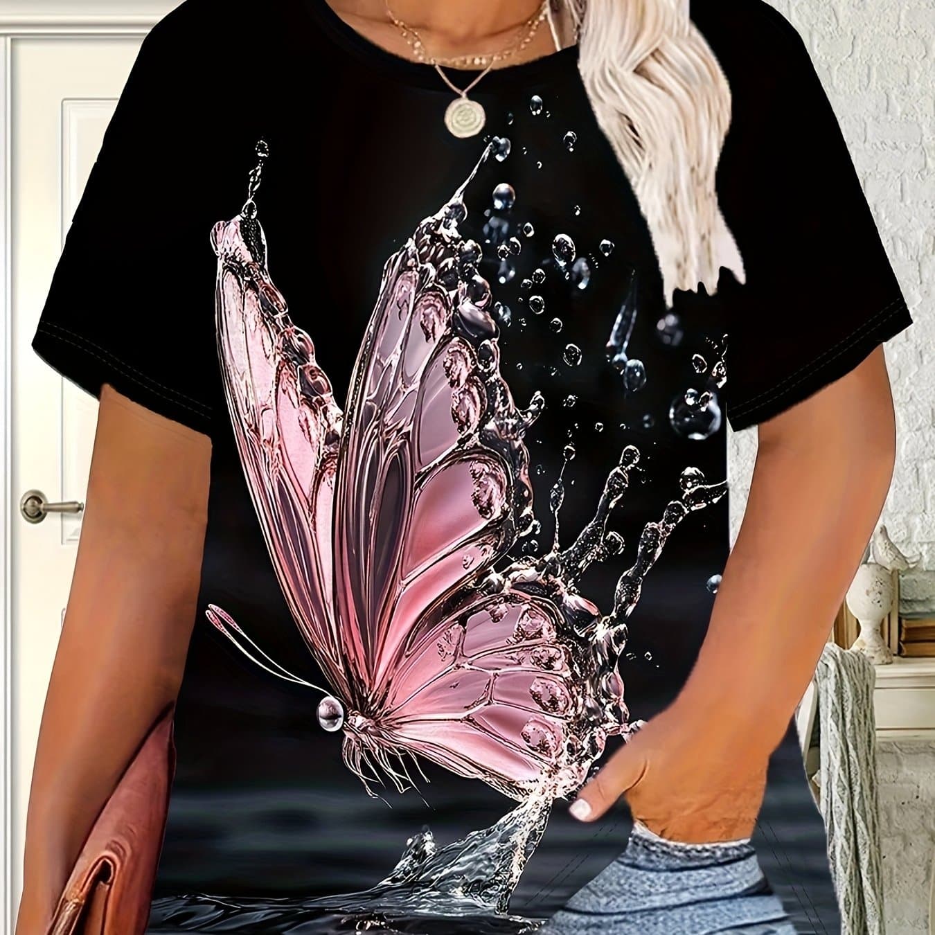 TEMU Women's Print T-shirt- Soft Stretchy Round Neck Casual , Machine Washable And Non-transparent, Suitable For Parties, , And Daily Wear, Summer , Elastic Fabric